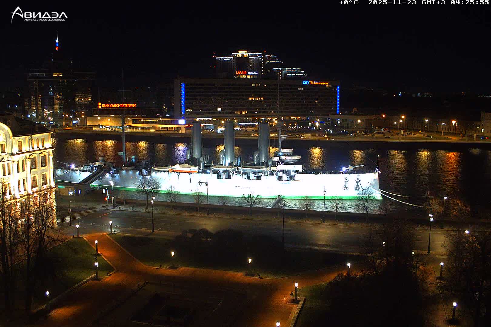 Museum of Russian Historic Cruiser Ship/Aurora Concert Hall & East St. Petersburg Skyline Live Cam - Posadsky, Petrogradsky, Saint Petersburg, Northwestern (Severo-Zapadnyy), Russia