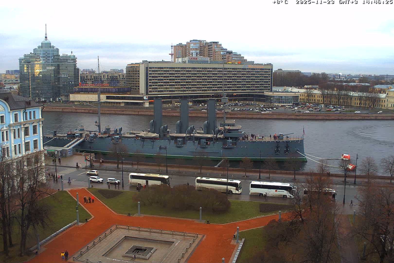 Museum of Russian Historic Cruiser Ship/Aurora Concert Hall & East St. Petersburg Skyline Live Cam - Posadsky, Petrogradsky, Saint Petersburg, Northwestern (Severo-Zapadnyy), Russia