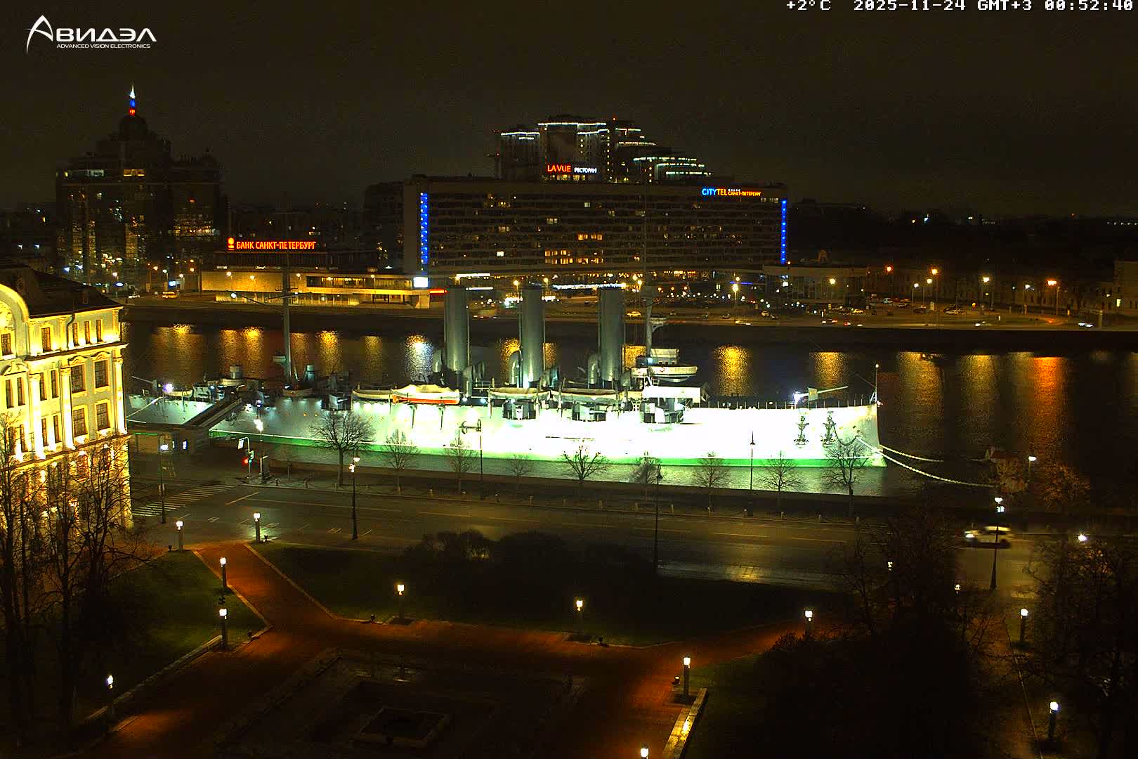 Museum of Russian Historic Cruiser Ship/Aurora Concert Hall & East St. Petersburg Skyline Live Cam - Posadsky, Petrogradsky, Saint Petersburg, Northwestern (Severo-Zapadnyy), Russia