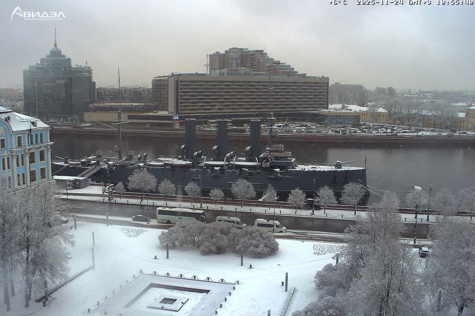 Museum of Russian Historic Cruiser Ship/Aurora Concert Hall & East St. Petersburg Skyline Live Cam - Posadsky, Petrogradsky, Saint Petersburg, Northwestern (Severo-Zapadnyy), Russia