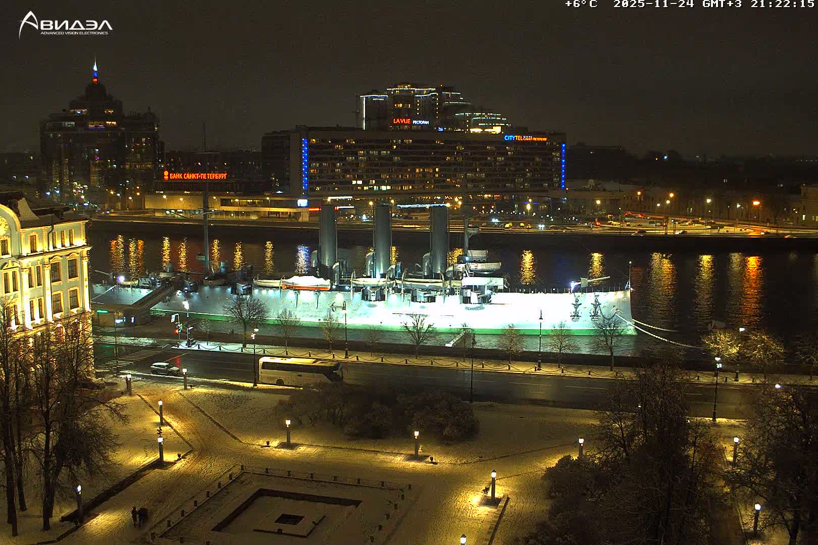 Museum of Russian Historic Cruiser Ship/Aurora Concert Hall & East St. Petersburg Skyline Live Cam - Posadsky, Petrogradsky, Saint Petersburg, Northwestern (Severo-Zapadnyy), Russia
