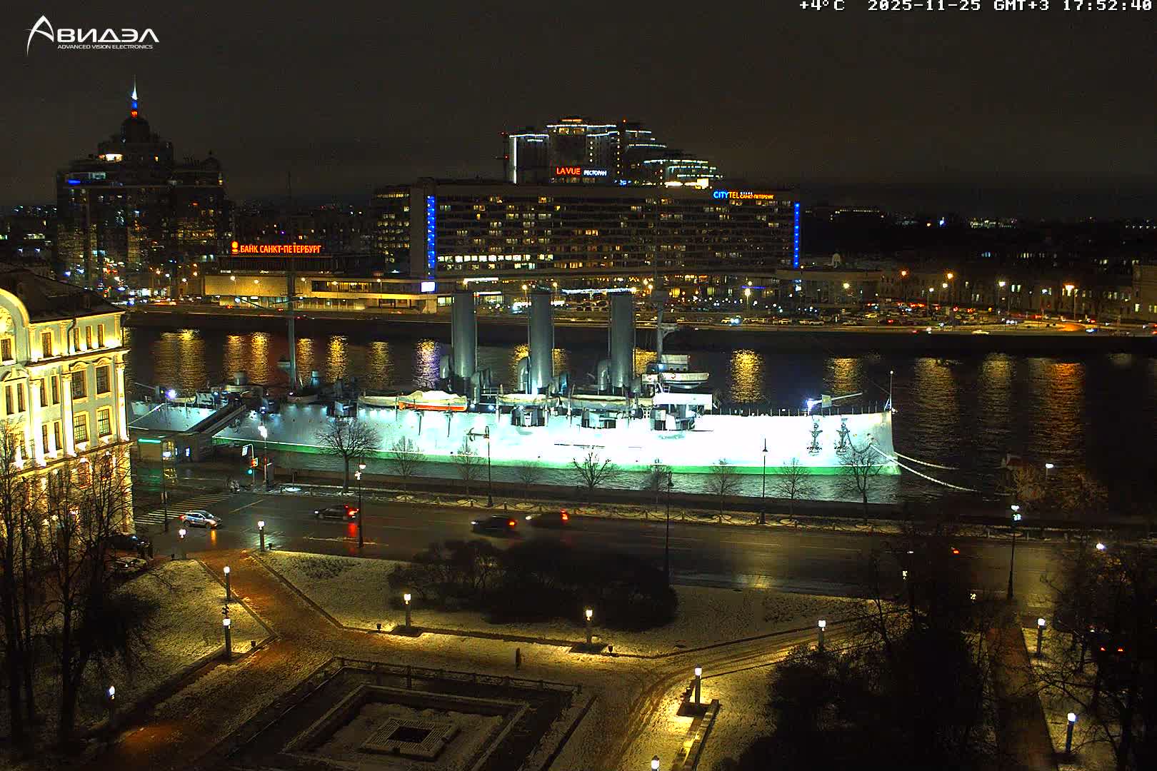Museum of Russian Historic Cruiser Ship/Aurora Concert Hall & East St. Petersburg Skyline Live Cam - Posadsky, Petrogradsky, Saint Petersburg, Northwestern (Severo-Zapadnyy), Russia