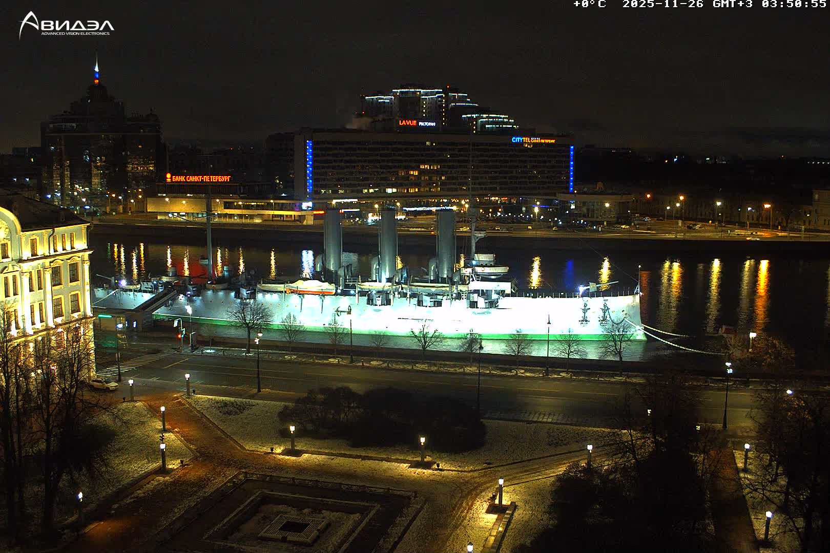 Museum of Russian Historic Cruiser Ship/Aurora Concert Hall & East St. Petersburg Skyline Live Cam - Posadsky, Petrogradsky, Saint Petersburg, Northwestern (Severo-Zapadnyy), Russia