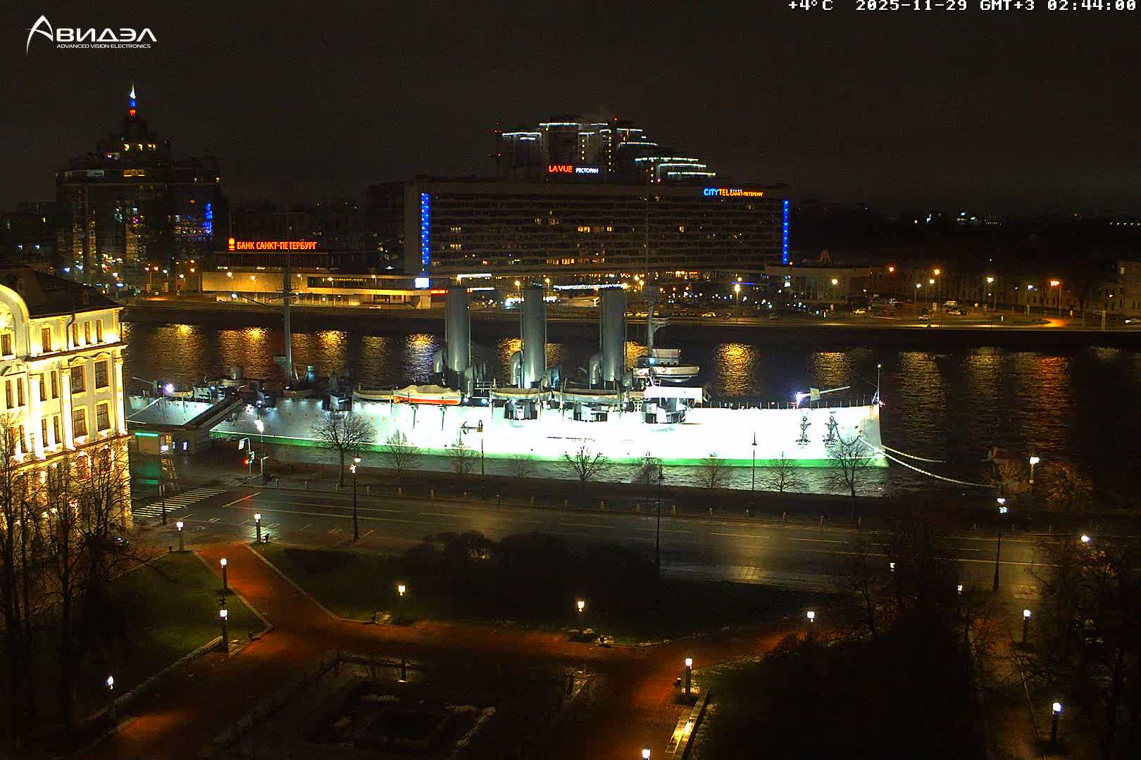 Museum of Russian Historic Cruiser Ship/Aurora Concert Hall & East St. Petersburg Skyline Live Cam - Posadsky, Petrogradsky, Saint Petersburg, Northwestern (Severo-Zapadnyy), Russia