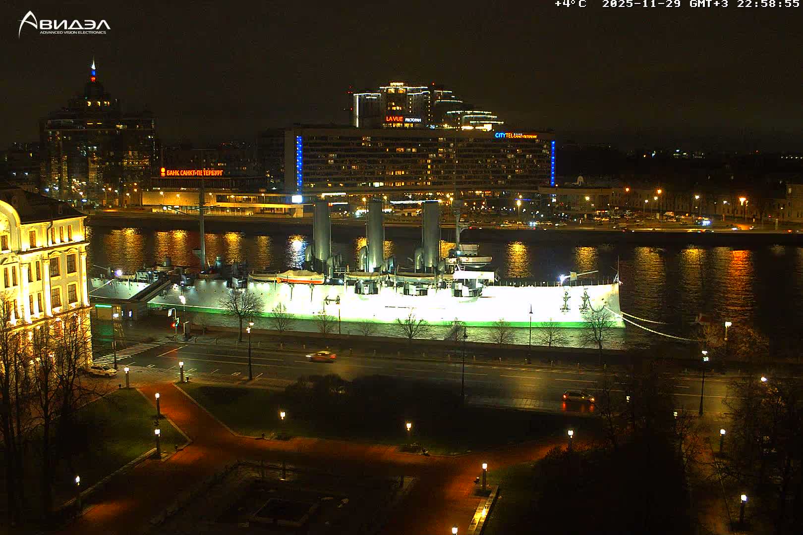 Museum of Russian Historic Cruiser Ship/Aurora Concert Hall & East St. Petersburg Skyline Live Cam - Posadsky, Petrogradsky, Saint Petersburg, Northwestern (Severo-Zapadnyy), Russia