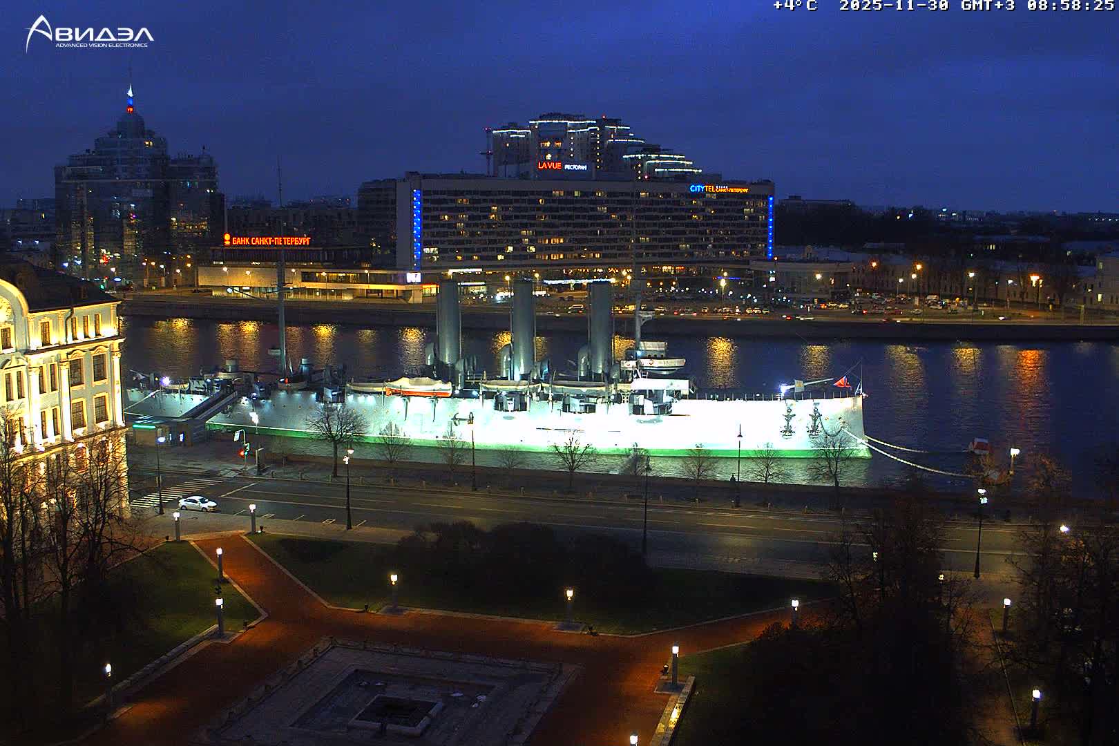 Museum of Russian Historic Cruiser Ship/Aurora Concert Hall & East St. Petersburg Skyline Live Cam - Posadsky, Petrogradsky, Saint Petersburg, Northwestern (Severo-Zapadnyy), Russia