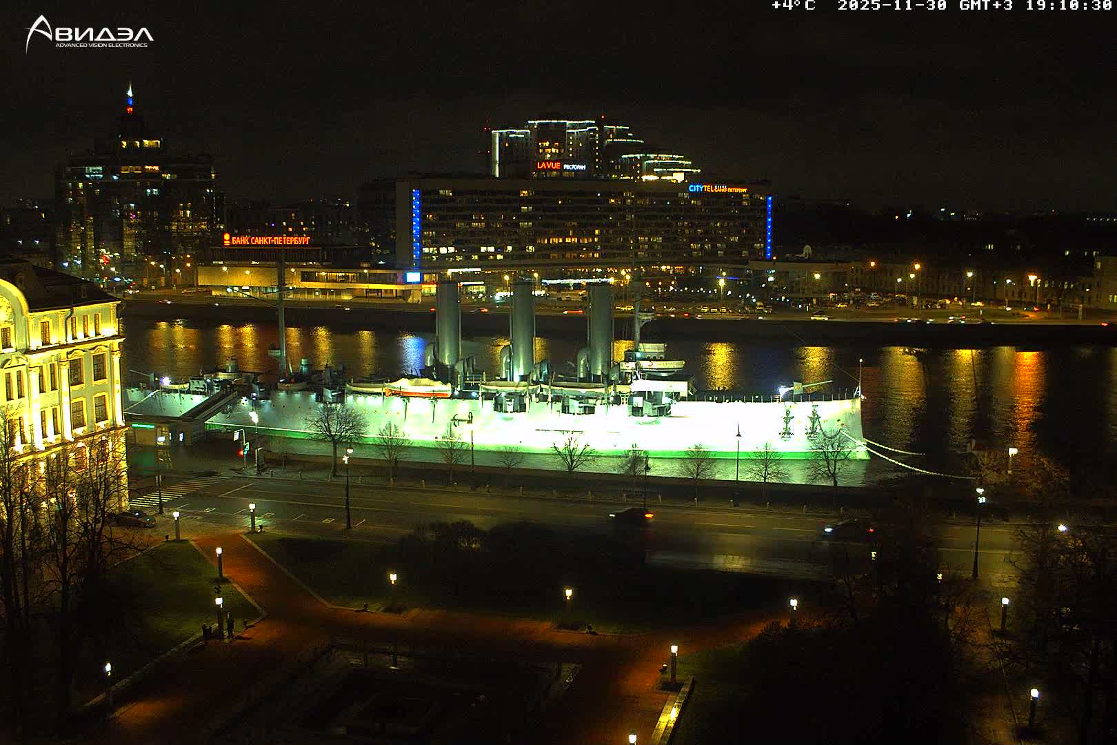 Museum of Russian Historic Cruiser Ship/Aurora Concert Hall & East St. Petersburg Skyline Live Cam - Posadsky, Petrogradsky, Saint Petersburg, Northwestern (Severo-Zapadnyy), Russia
