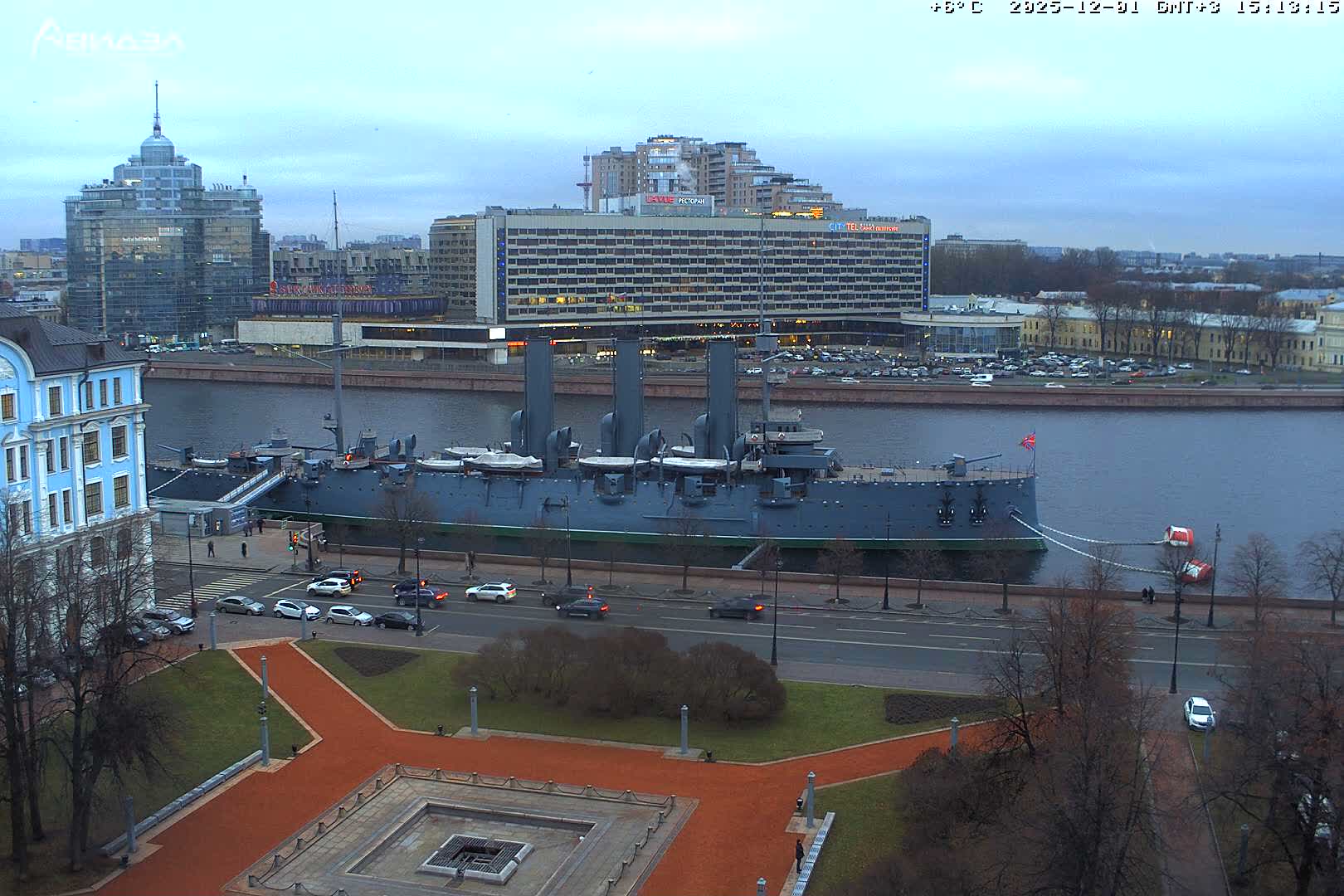 Museum of Russian Historic Cruiser Ship/Aurora Concert Hall & East St. Petersburg Skyline Live Cam - Posadsky, Petrogradsky, Saint Petersburg, Northwestern (Severo-Zapadnyy), Russia