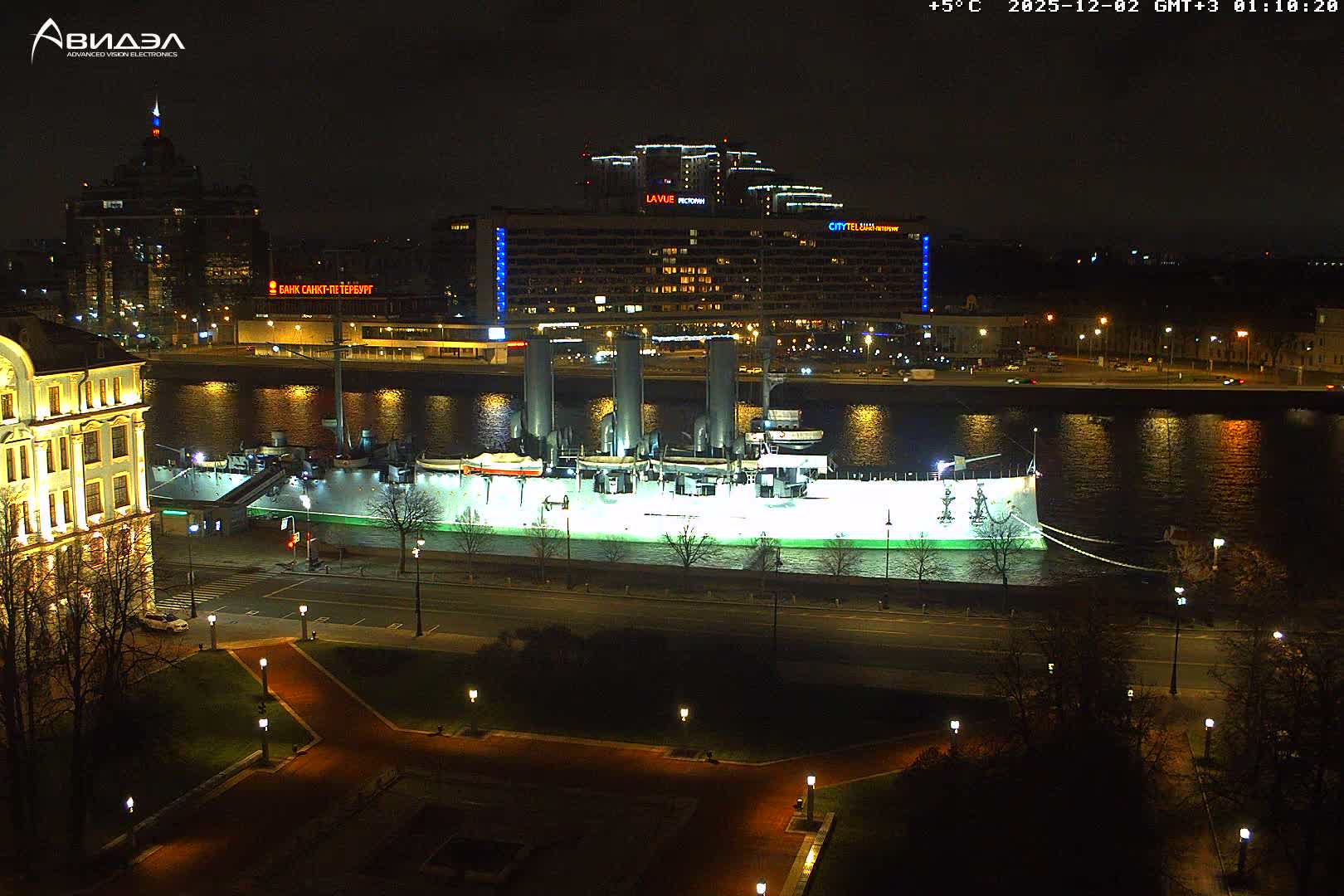 Museum of Russian Historic Cruiser Ship/Aurora Concert Hall & East St. Petersburg Skyline Live Cam - Posadsky, Petrogradsky, Saint Petersburg, Northwestern (Severo-Zapadnyy), Russia