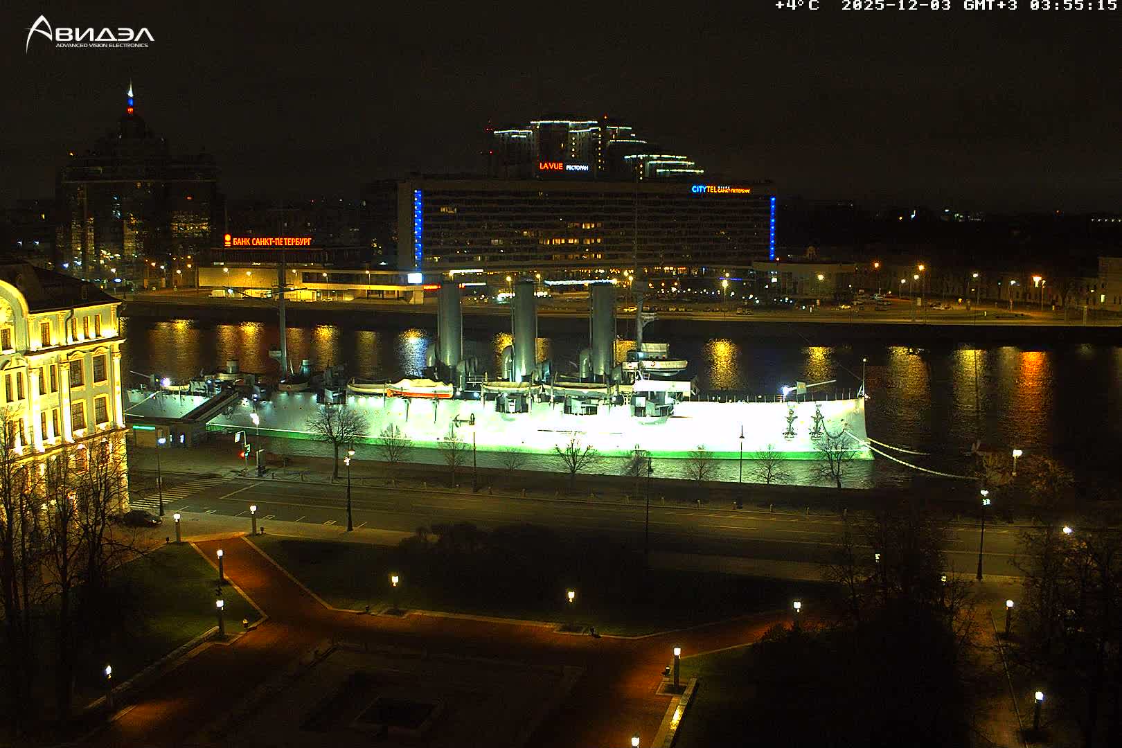 Museum of Russian Historic Cruiser Ship/Aurora Concert Hall & East St. Petersburg Skyline Live Cam - Posadsky, Petrogradsky, Saint Petersburg, Northwestern (Severo-Zapadnyy), Russia