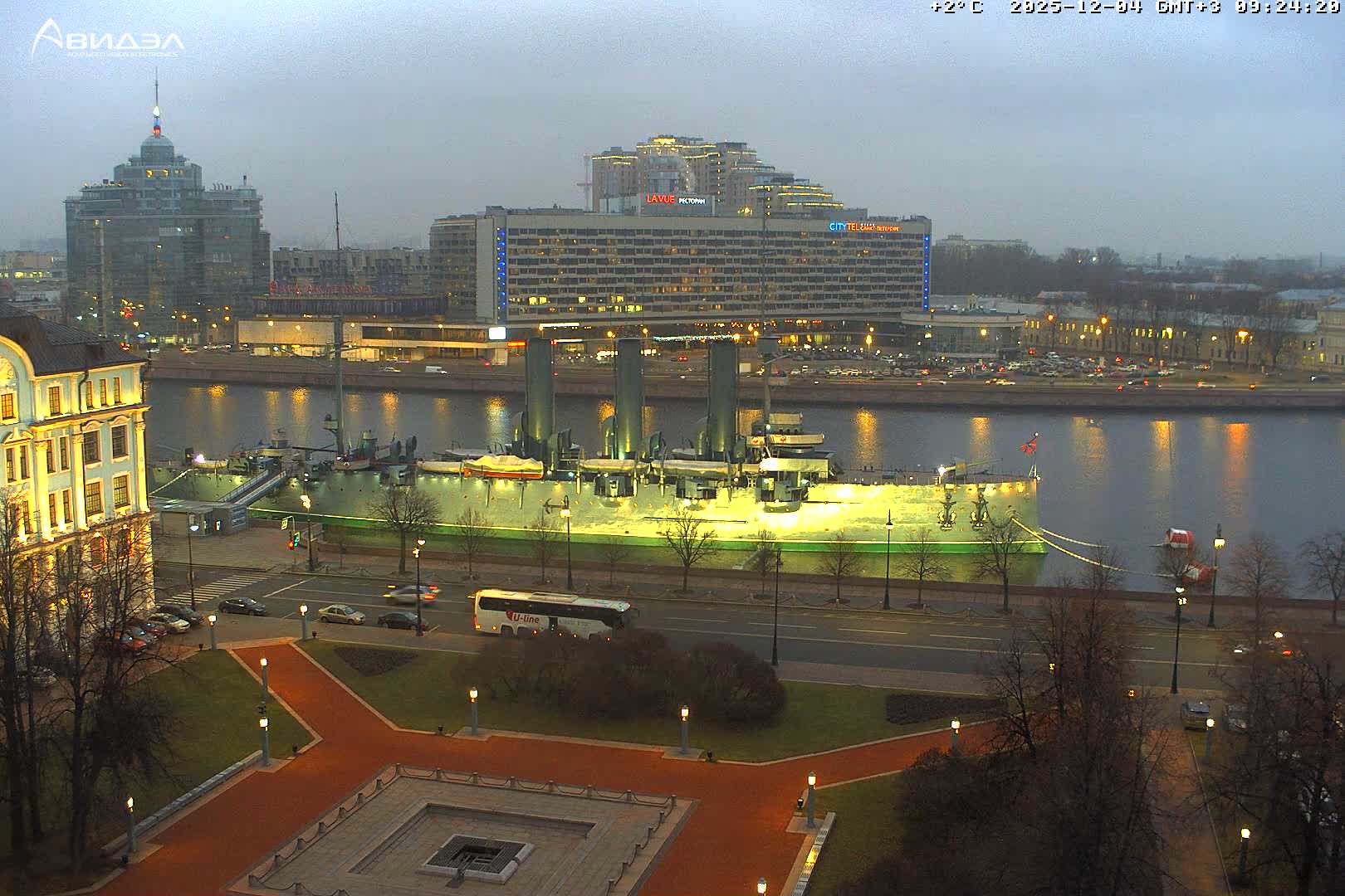 Museum of Russian Historic Cruiser Ship/Aurora Concert Hall & East St. Petersburg Skyline Live Cam - Posadsky, Petrogradsky, Saint Petersburg, Northwestern (Severo-Zapadnyy), Russia