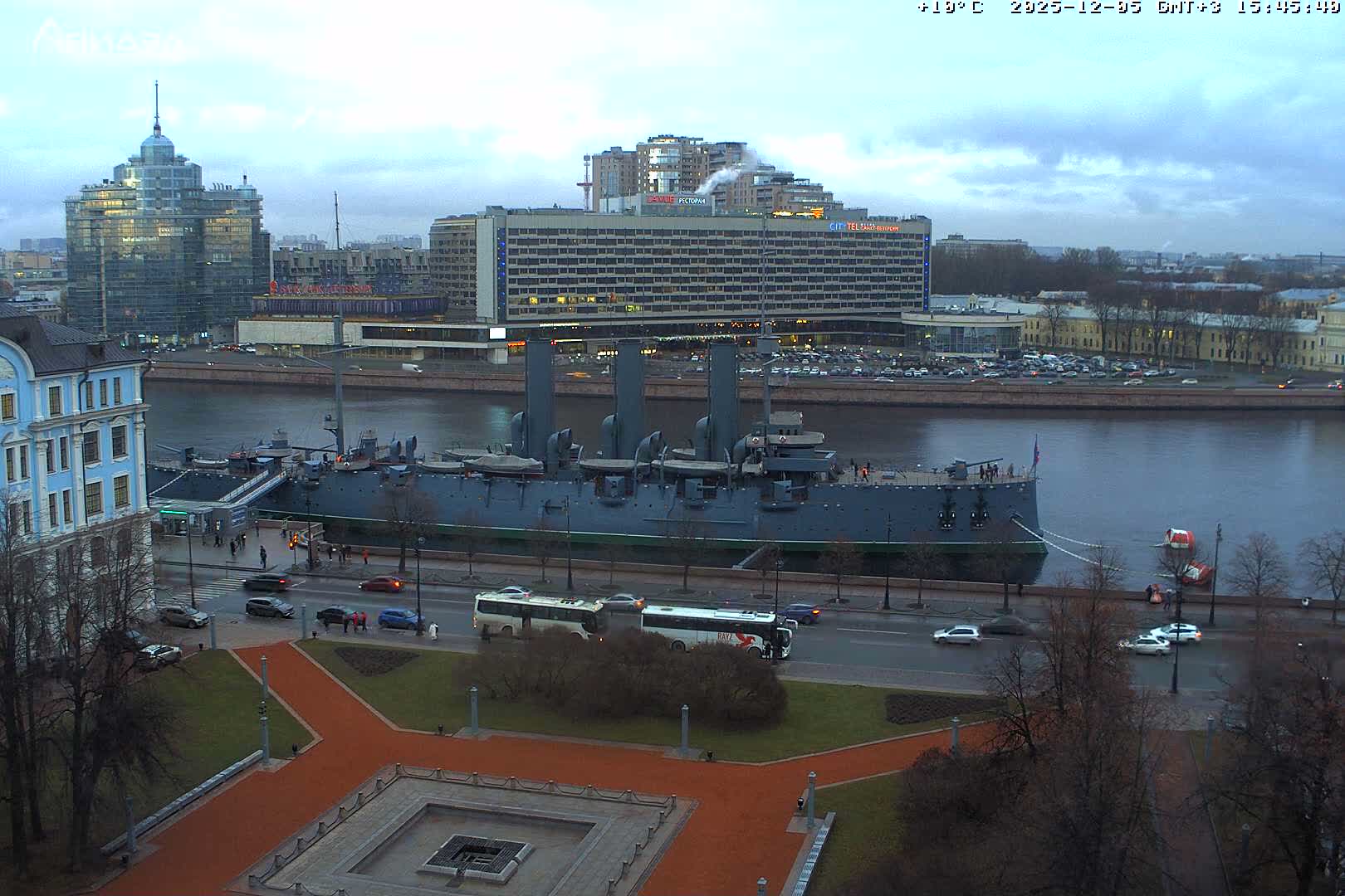 Museum of Russian Historic Cruiser Ship/Aurora Concert Hall & East St. Petersburg Skyline Live Cam - Posadsky, Petrogradsky, Saint Petersburg, Northwestern (Severo-Zapadnyy), Russia