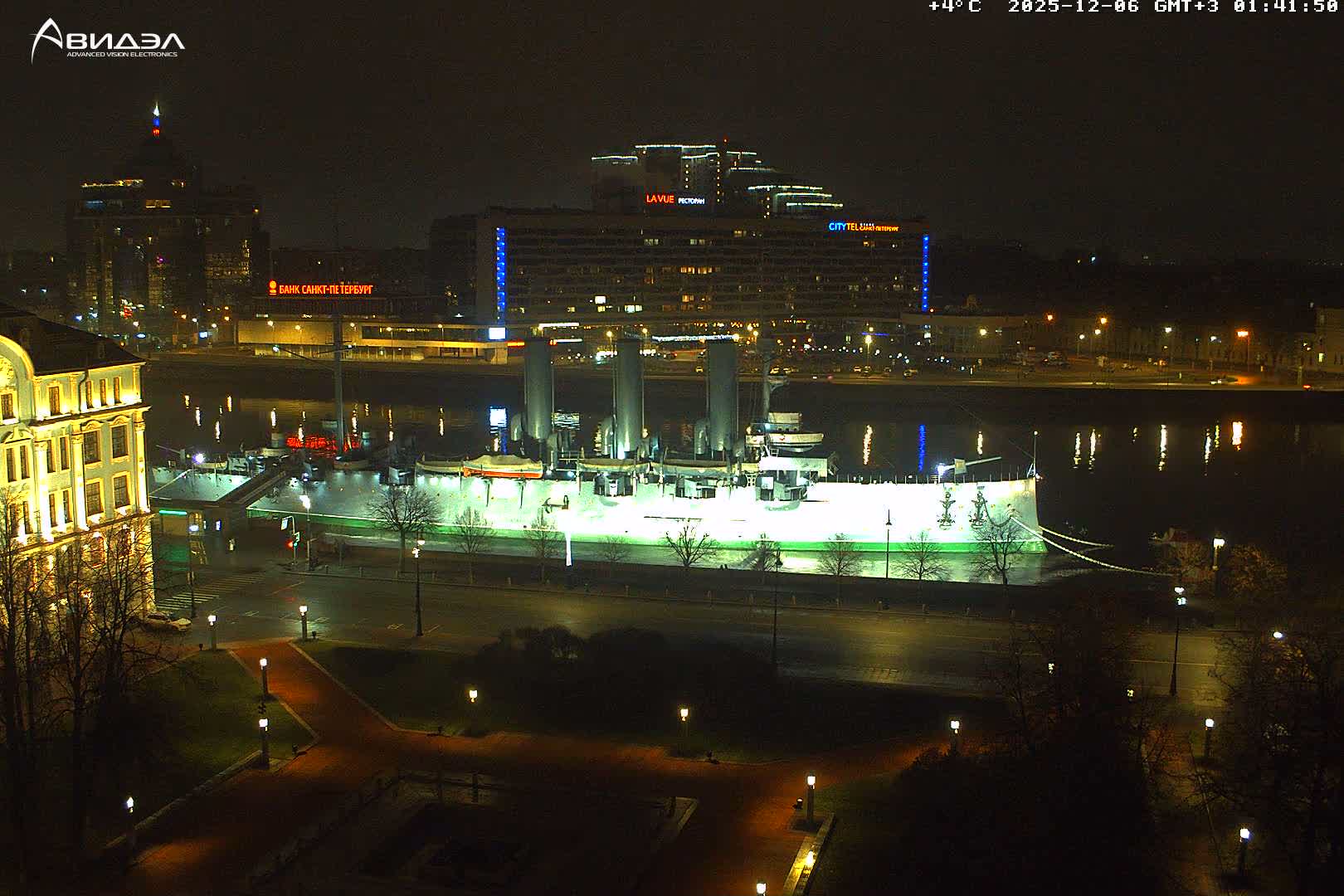 Museum of Russian Historic Cruiser Ship/Aurora Concert Hall & East St. Petersburg Skyline Live Cam - Posadsky, Petrogradsky, Saint Petersburg, Northwestern (Severo-Zapadnyy), Russia