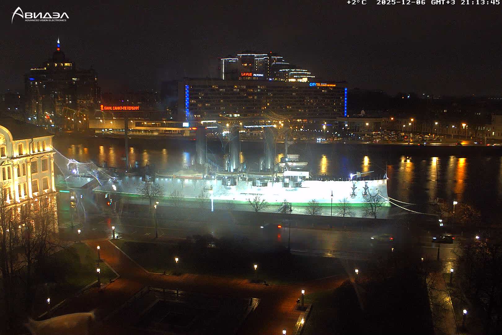 Museum of Russian Historic Cruiser Ship/Aurora Concert Hall & East St. Petersburg Skyline Live Cam - Posadsky, Petrogradsky, Saint Petersburg, Northwestern (Severo-Zapadnyy), Russia