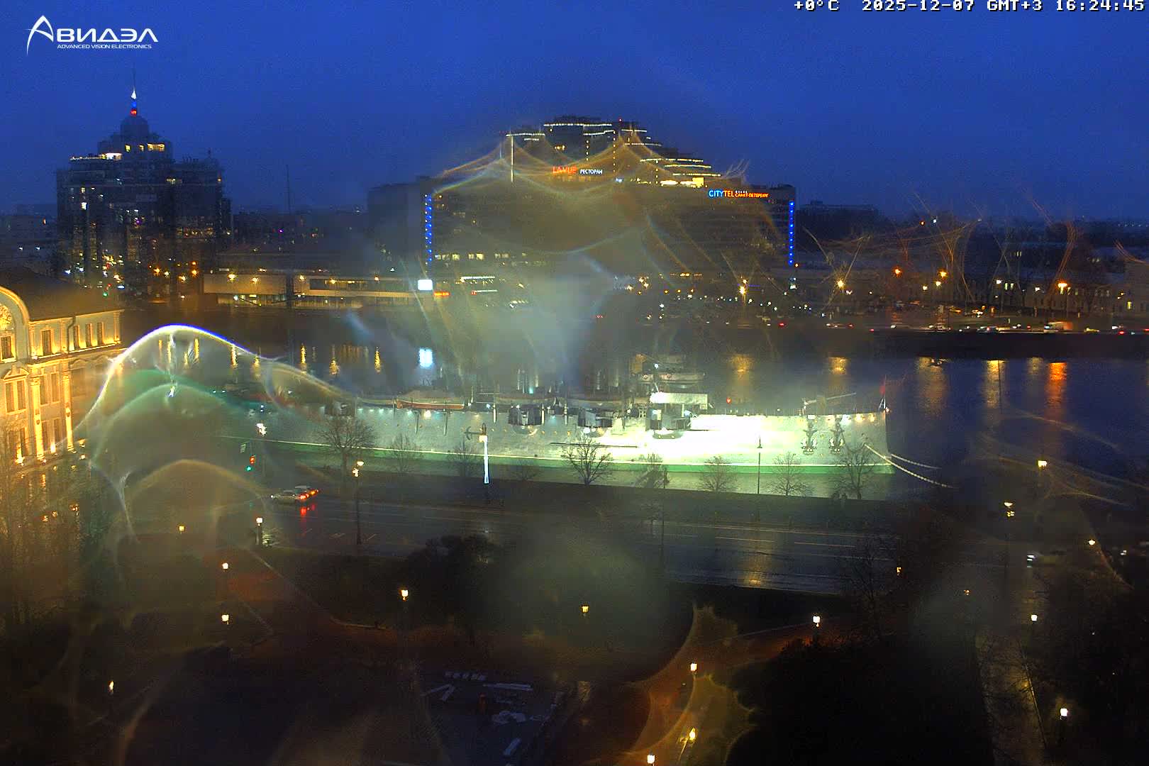 Museum of Russian Historic Cruiser Ship/Aurora Concert Hall & East St. Petersburg Skyline Live Cam - Posadsky, Petrogradsky, Saint Petersburg, Northwestern (Severo-Zapadnyy), Russia