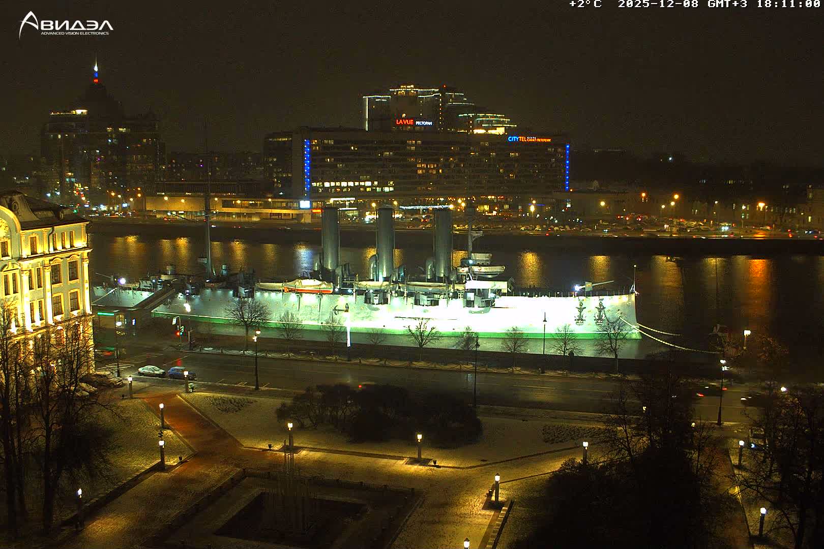Museum of Russian Historic Cruiser Ship/Aurora Concert Hall & East St. Petersburg Skyline Live Cam - Posadsky, Petrogradsky, Saint Petersburg, Northwestern (Severo-Zapadnyy), Russia