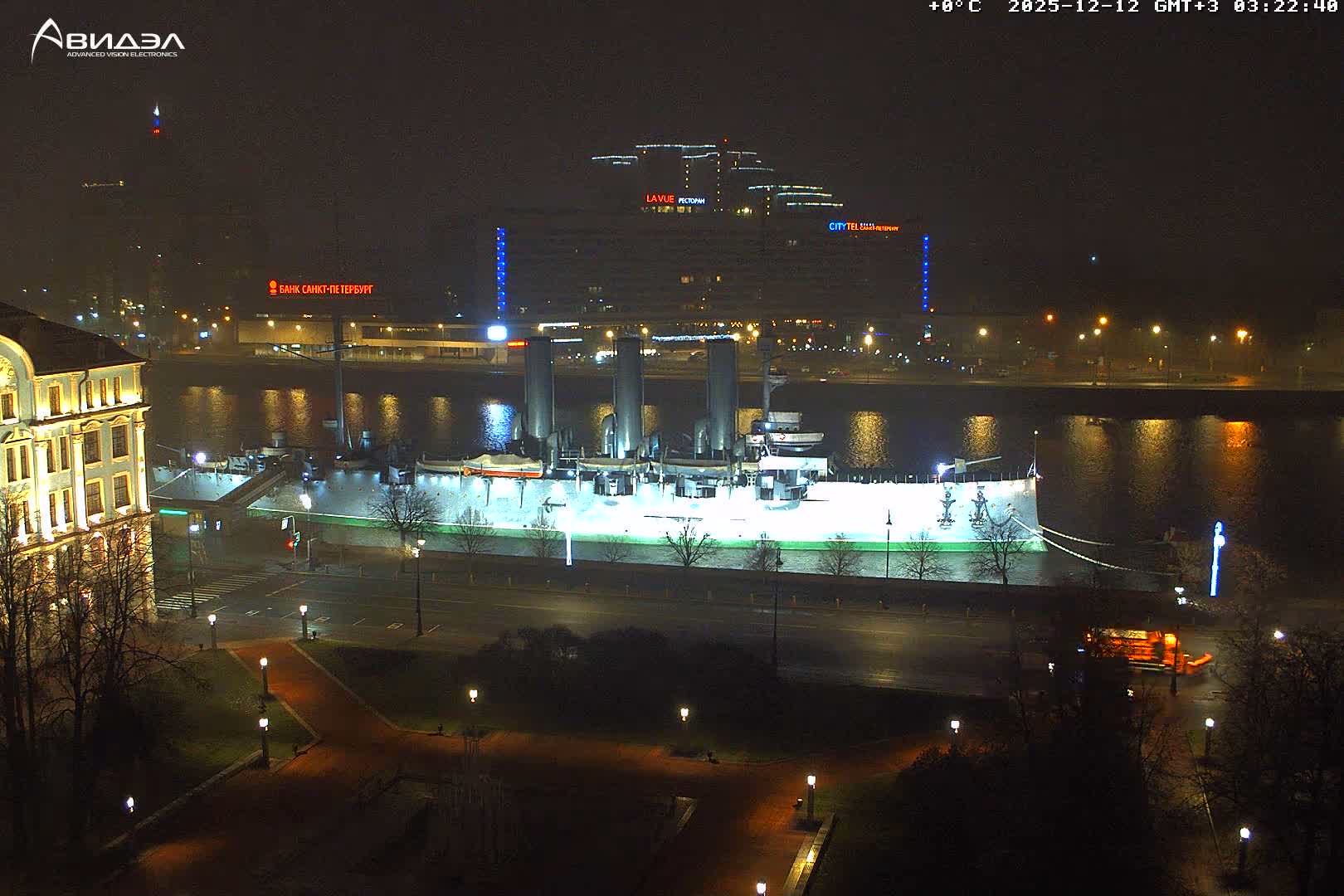 Museum of Russian Historic Cruiser Ship/Aurora Concert Hall & East St. Petersburg Skyline Live Cam - Posadsky, Petrogradsky, Saint Petersburg, Northwestern (Severo-Zapadnyy), Russia