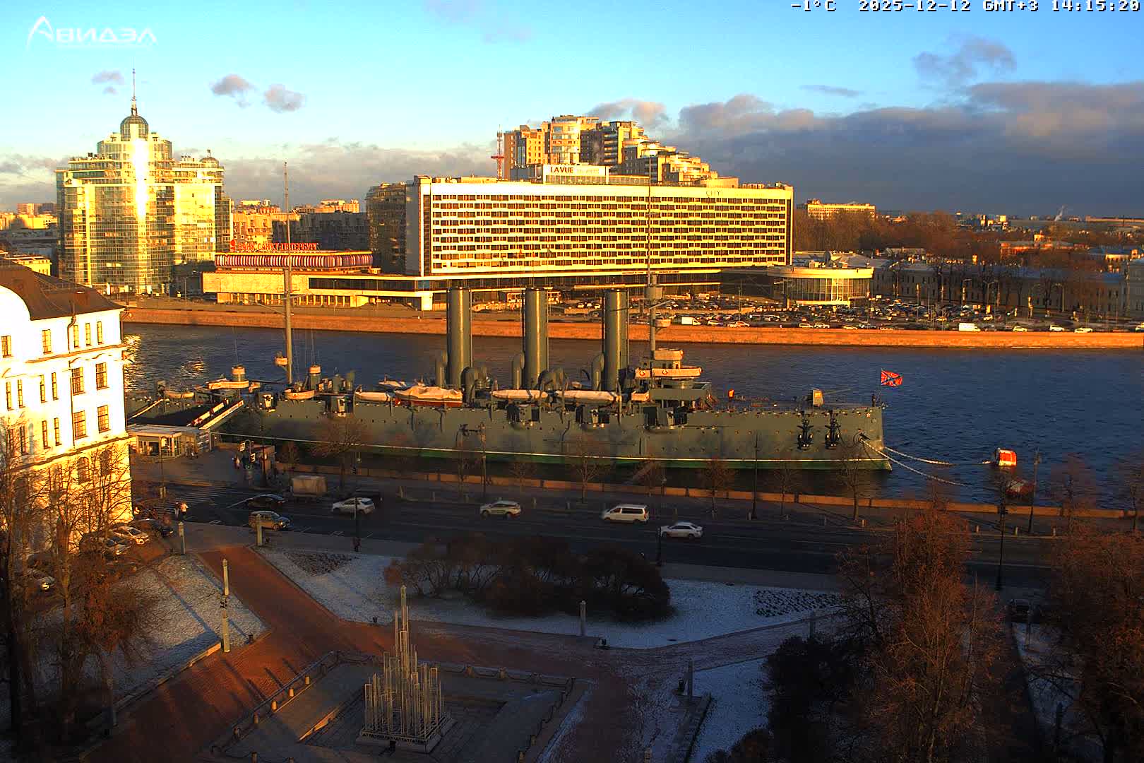Museum of Russian Historic Cruiser Ship/Aurora Concert Hall & East St. Petersburg Skyline Live Cam - Posadsky, Petrogradsky, Saint Petersburg, Northwestern (Severo-Zapadnyy), Russia