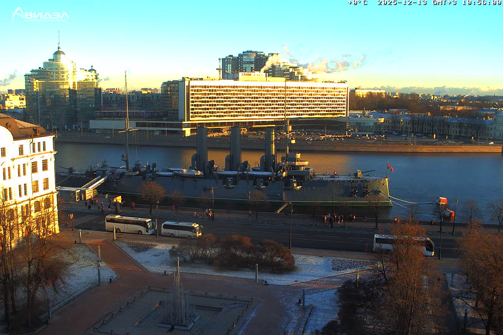 Museum of Russian Historic Cruiser Ship/Aurora Concert Hall & East St. Petersburg Skyline Live Cam - Posadsky, Petrogradsky, Saint Petersburg, Northwestern (Severo-Zapadnyy), Russia