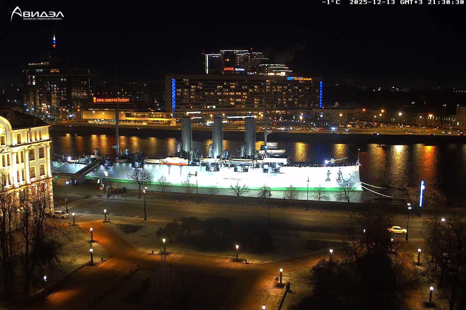 Museum of Russian Historic Cruiser Ship/Aurora Concert Hall & East St. Petersburg Skyline Live Cam - Posadsky, Petrogradsky, Saint Petersburg, Northwestern (Severo-Zapadnyy), Russia