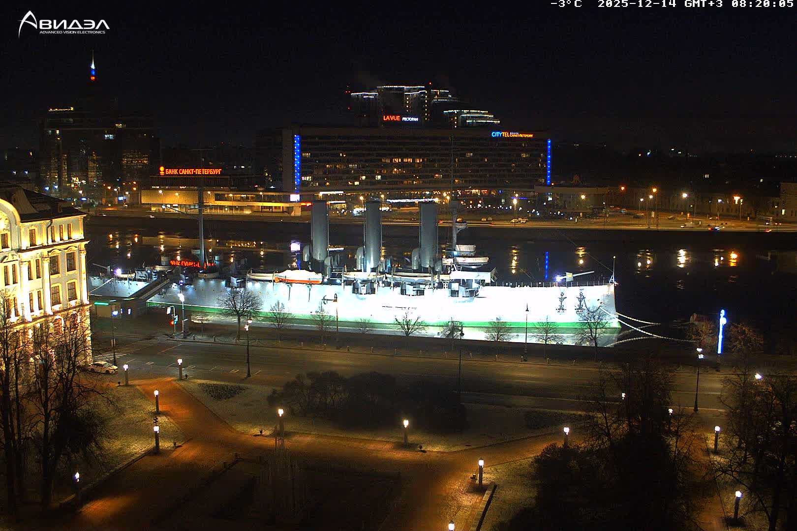 Museum of Russian Historic Cruiser Ship/Aurora Concert Hall & East St. Petersburg Skyline Live Cam - Posadsky, Petrogradsky, Saint Petersburg, Northwestern (Severo-Zapadnyy), Russia