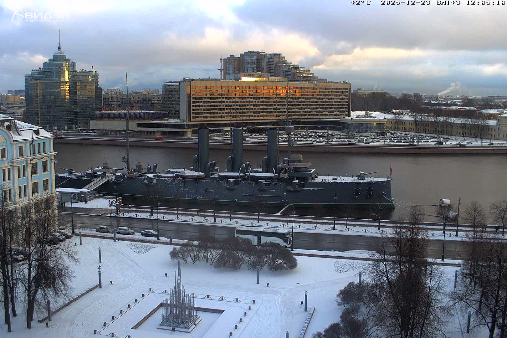 Museum of Russian Historic Cruiser Ship/Aurora Concert Hall & East St. Petersburg Skyline Live Cam - Posadsky, Petrogradsky, Saint Petersburg, Northwestern (Severo-Zapadnyy), Russia