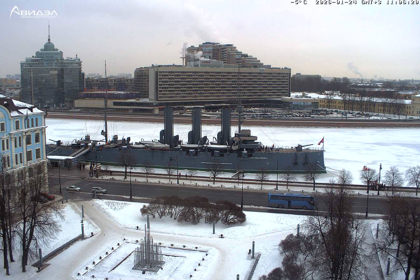 Museum of Russian Historic Cruiser Ship/Aurora Concert Hall & East St. Petersburg Skyline Live Cam - Posadsky, Petrogradsky, Saint Petersburg, Northwestern (Severo-Zapadnyy), Russia