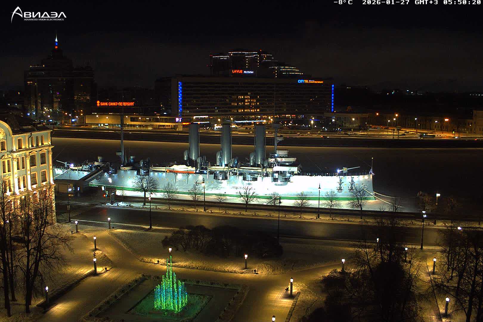 Museum of Russian Historic Cruiser Ship/Aurora Concert Hall & East St. Petersburg Skyline Live Cam - Posadsky, Petrogradsky, Saint Petersburg, Northwestern (Severo-Zapadnyy), Russia