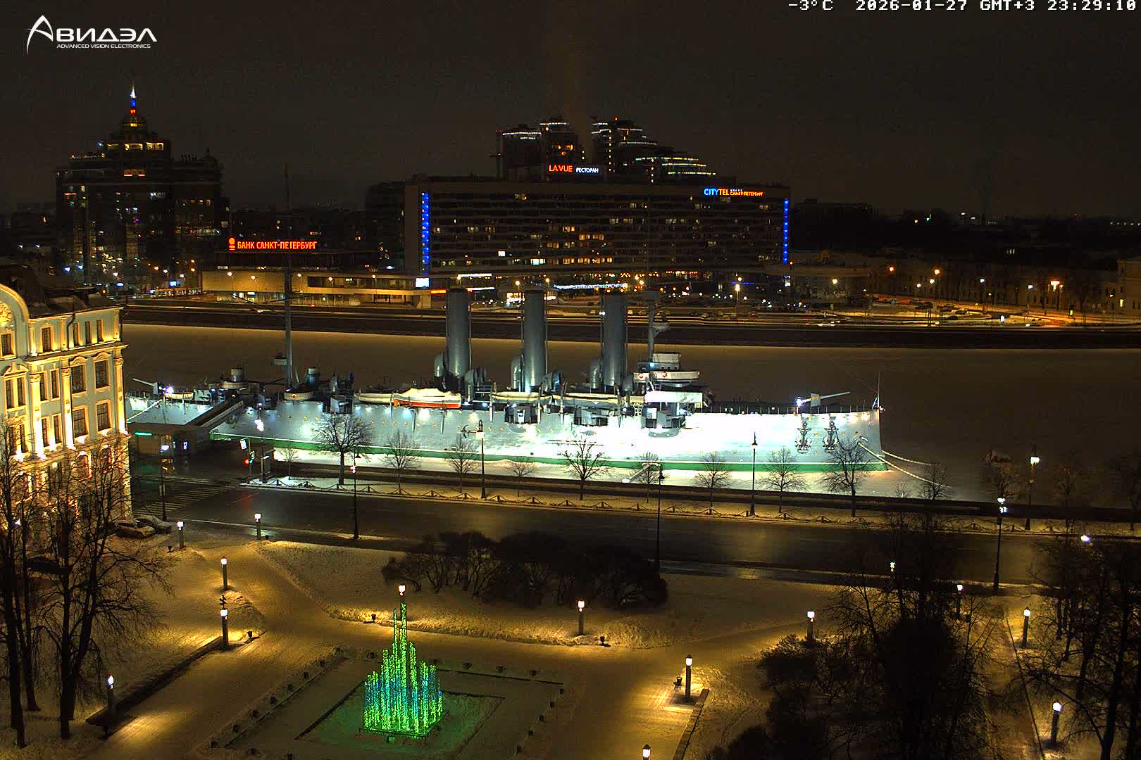 Museum of Russian Historic Cruiser Ship/Aurora Concert Hall & East St. Petersburg Skyline Live Cam - Posadsky, Petrogradsky, Saint Petersburg, Northwestern (Severo-Zapadnyy), Russia