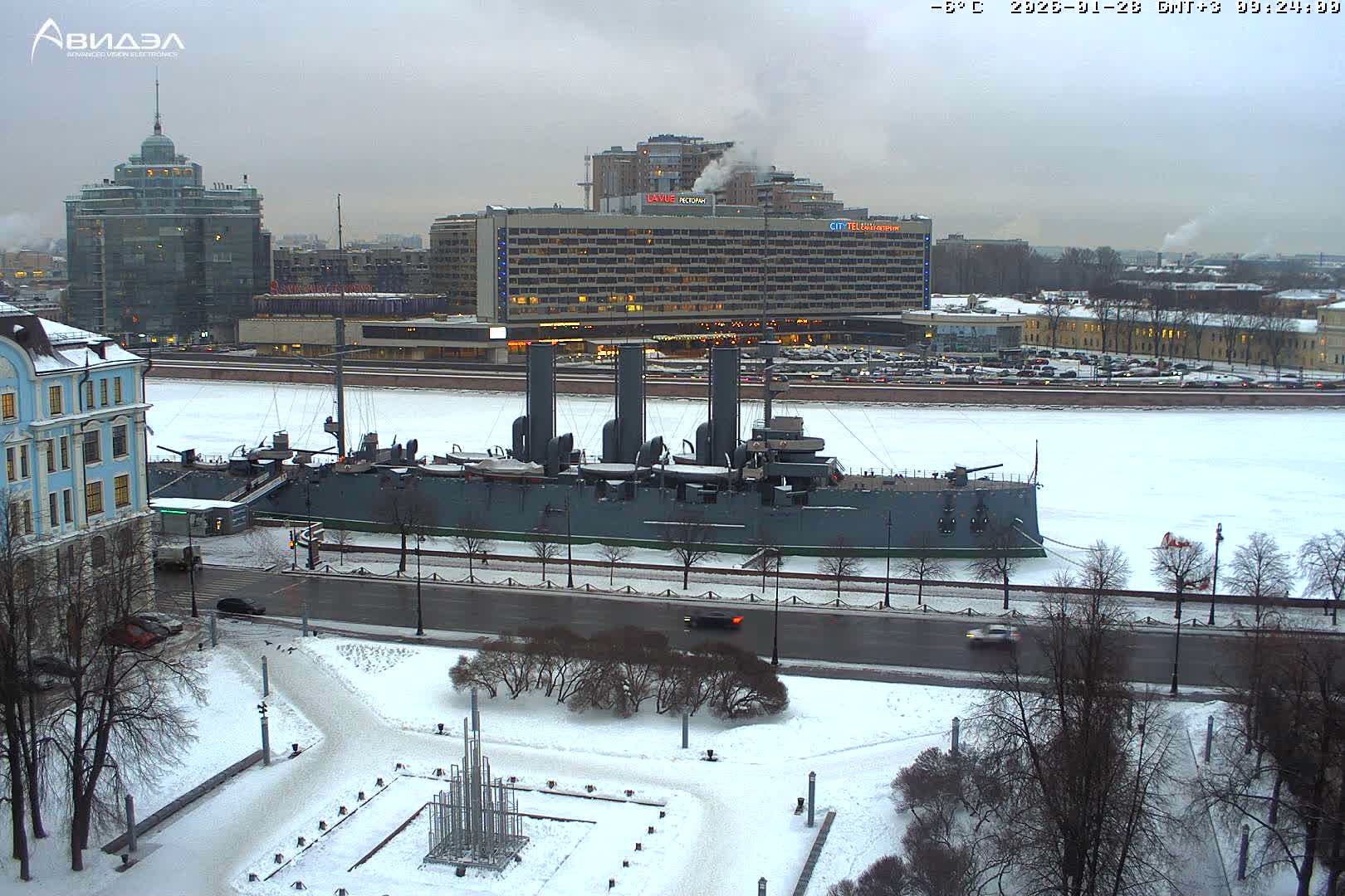 Museum of Russian Historic Cruiser Ship/Aurora Concert Hall & East St. Petersburg Skyline Live Cam - Posadsky, Petrogradsky, Saint Petersburg, Northwestern (Severo-Zapadnyy), Russia