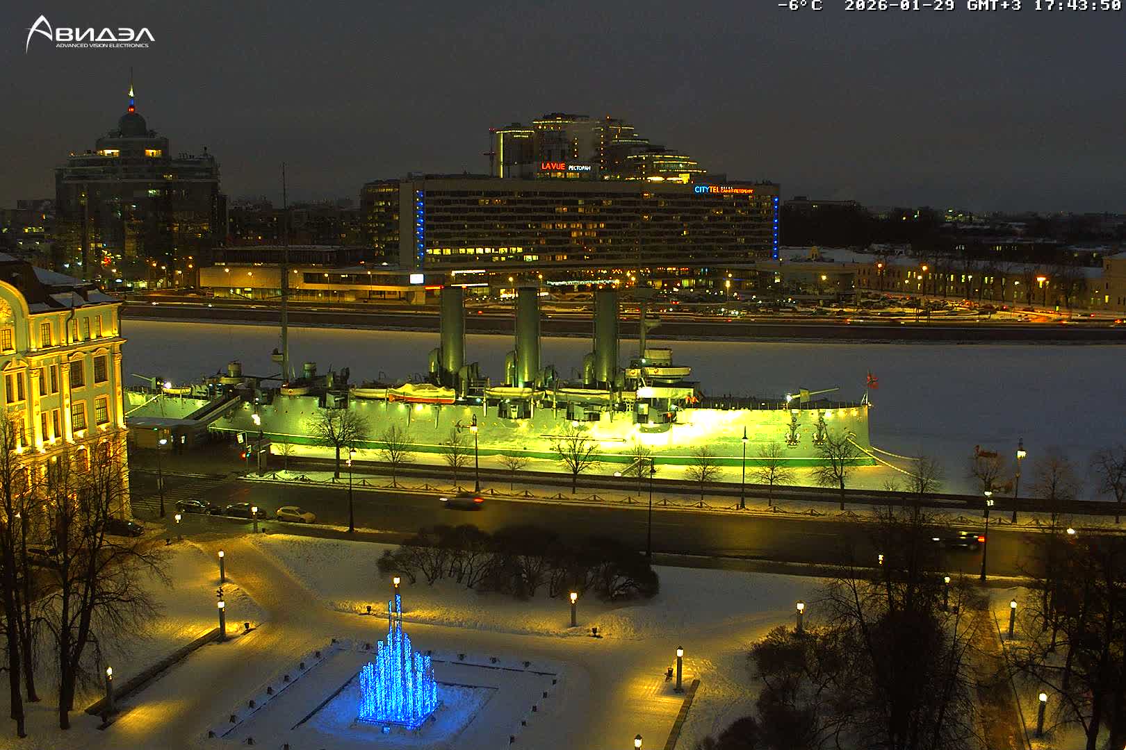 Museum of Russian Historic Cruiser Ship/Aurora Concert Hall & East St. Petersburg Skyline Live Cam - Posadsky, Petrogradsky, Saint Petersburg, Northwestern (Severo-Zapadnyy), Russia