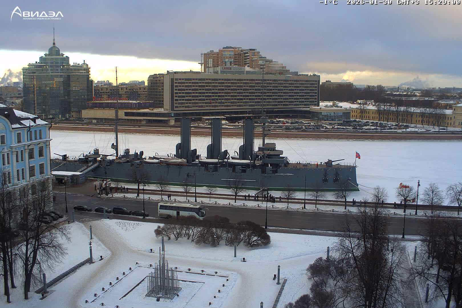 Museum of Russian Historic Cruiser Ship/Aurora Concert Hall & East St. Petersburg Skyline Live Cam - Posadsky, Petrogradsky, Saint Petersburg, Northwestern (Severo-Zapadnyy), Russia
