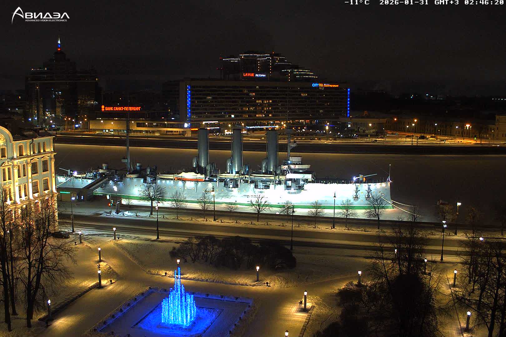 Museum of Russian Historic Cruiser Ship/Aurora Concert Hall & East St. Petersburg Skyline Live Cam - Posadsky, Petrogradsky, Saint Petersburg, Northwestern (Severo-Zapadnyy), Russia