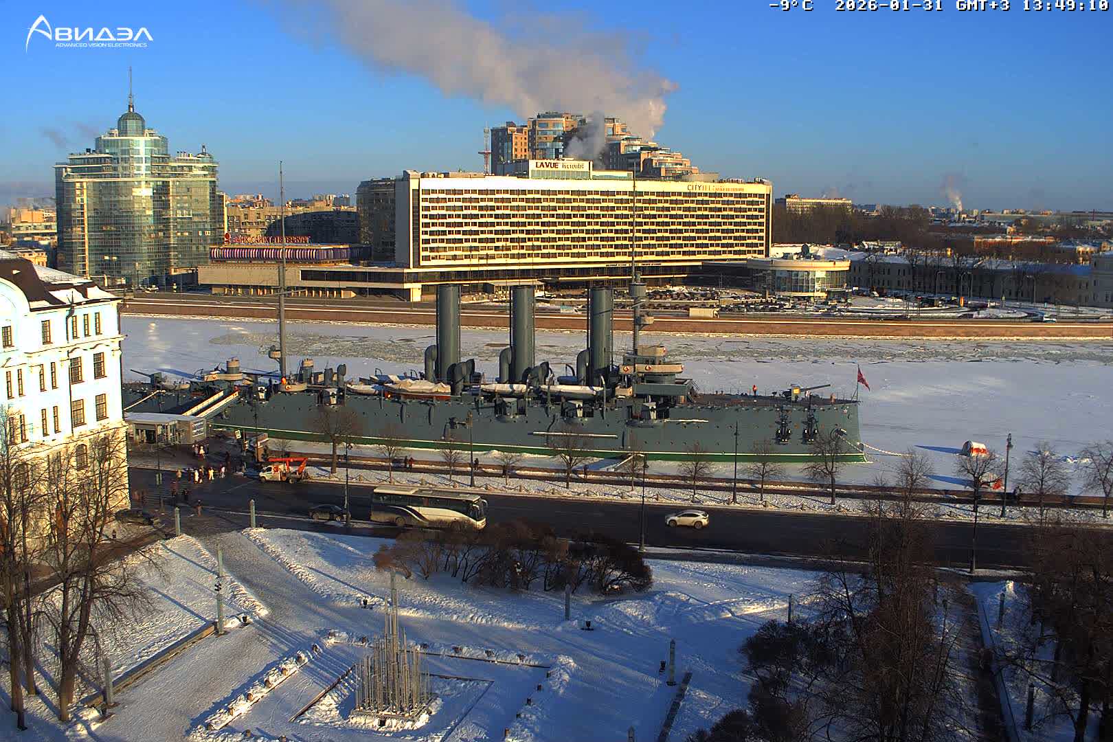 Museum of Russian Historic Cruiser Ship/Aurora Concert Hall & East St. Petersburg Skyline Live Cam - Posadsky, Petrogradsky, Saint Petersburg, Northwestern (Severo-Zapadnyy), Russia