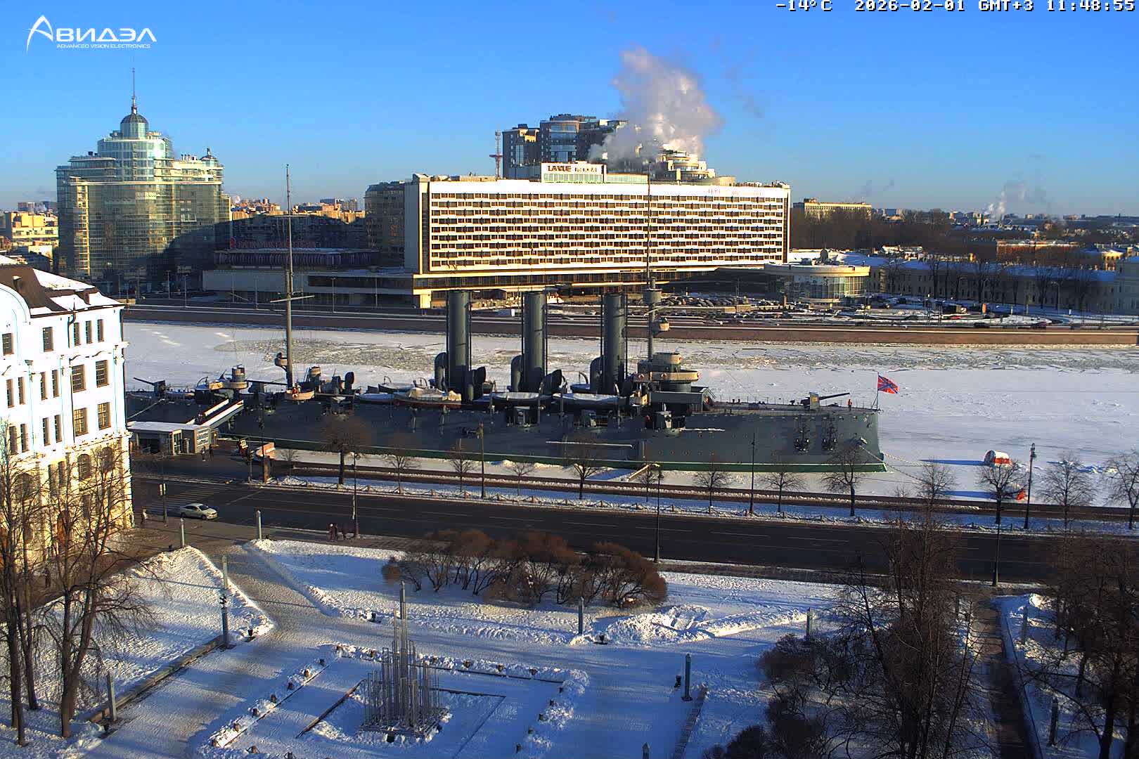 Museum of Russian Historic Cruiser Ship/Aurora Concert Hall & East St. Petersburg Skyline Live Cam - Posadsky, Petrogradsky, Saint Petersburg, Northwestern (Severo-Zapadnyy), Russia