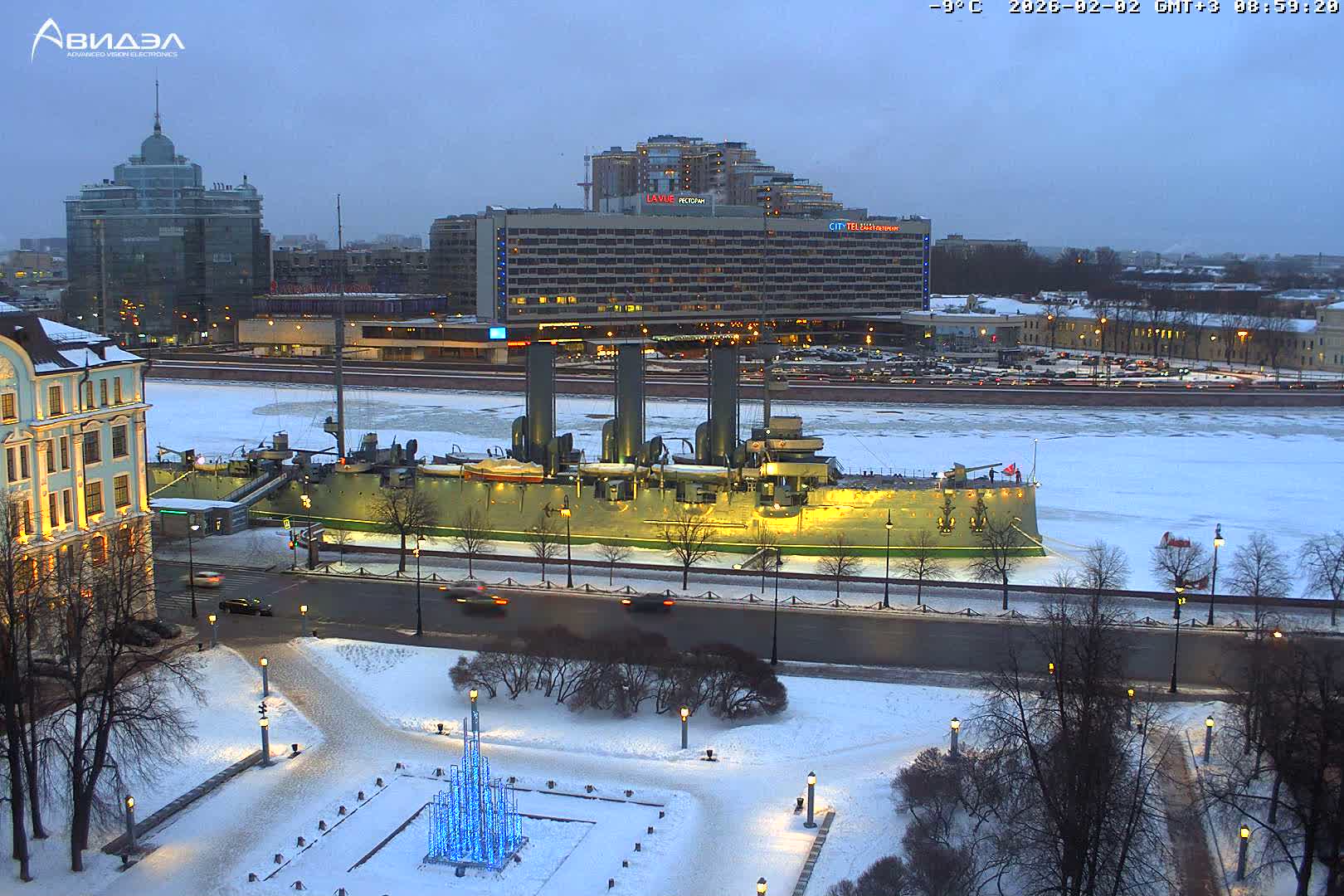 Museum of Russian Historic Cruiser Ship/Aurora Concert Hall & East St. Petersburg Skyline Live Cam - Posadsky, Petrogradsky, Saint Petersburg, Northwestern (Severo-Zapadnyy), Russia