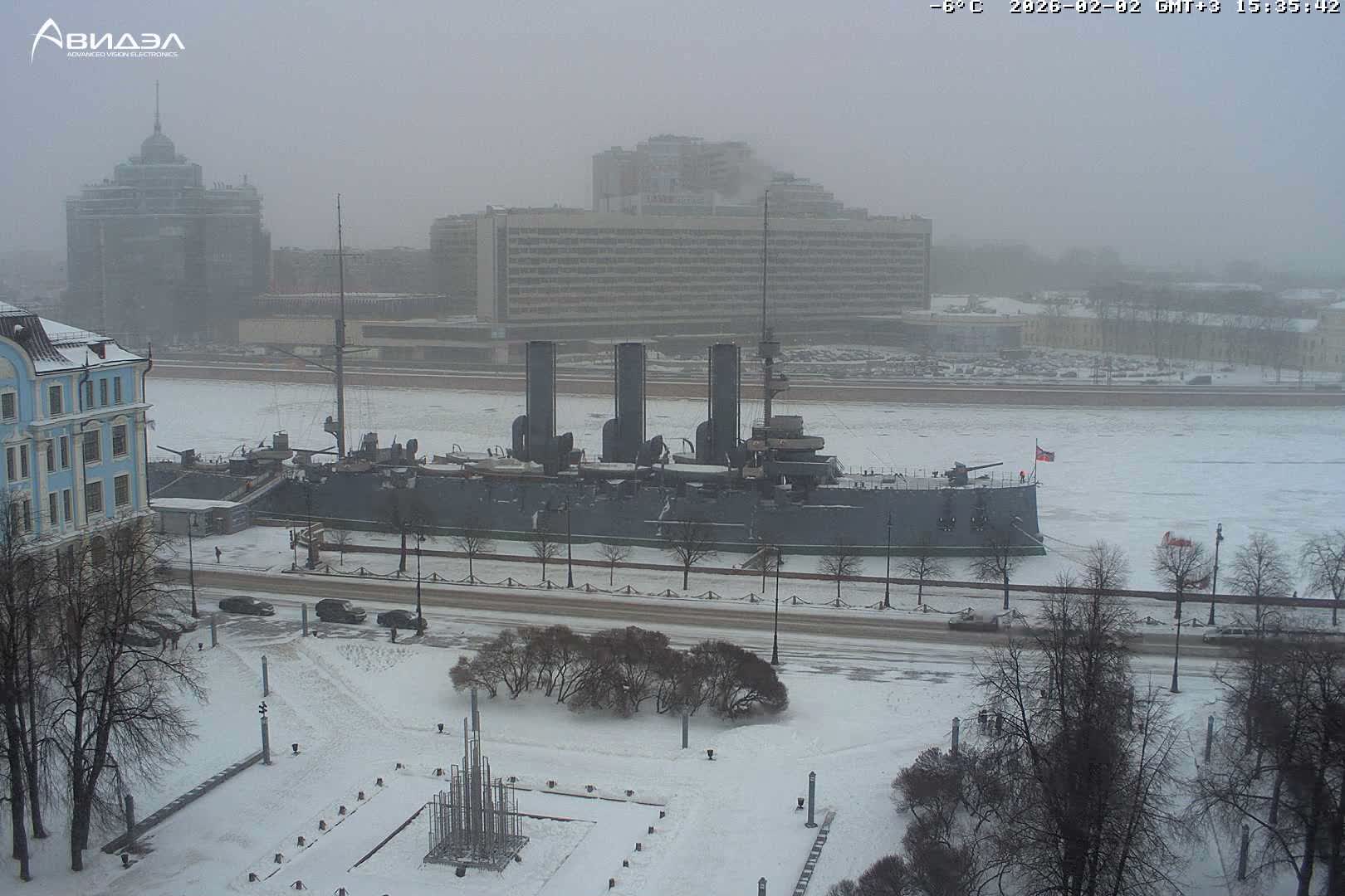 Museum of Russian Historic Cruiser Ship/Aurora Concert Hall & East St. Petersburg Skyline Live Cam - Posadsky, Petrogradsky, Saint Petersburg, Northwestern (Severo-Zapadnyy), Russia