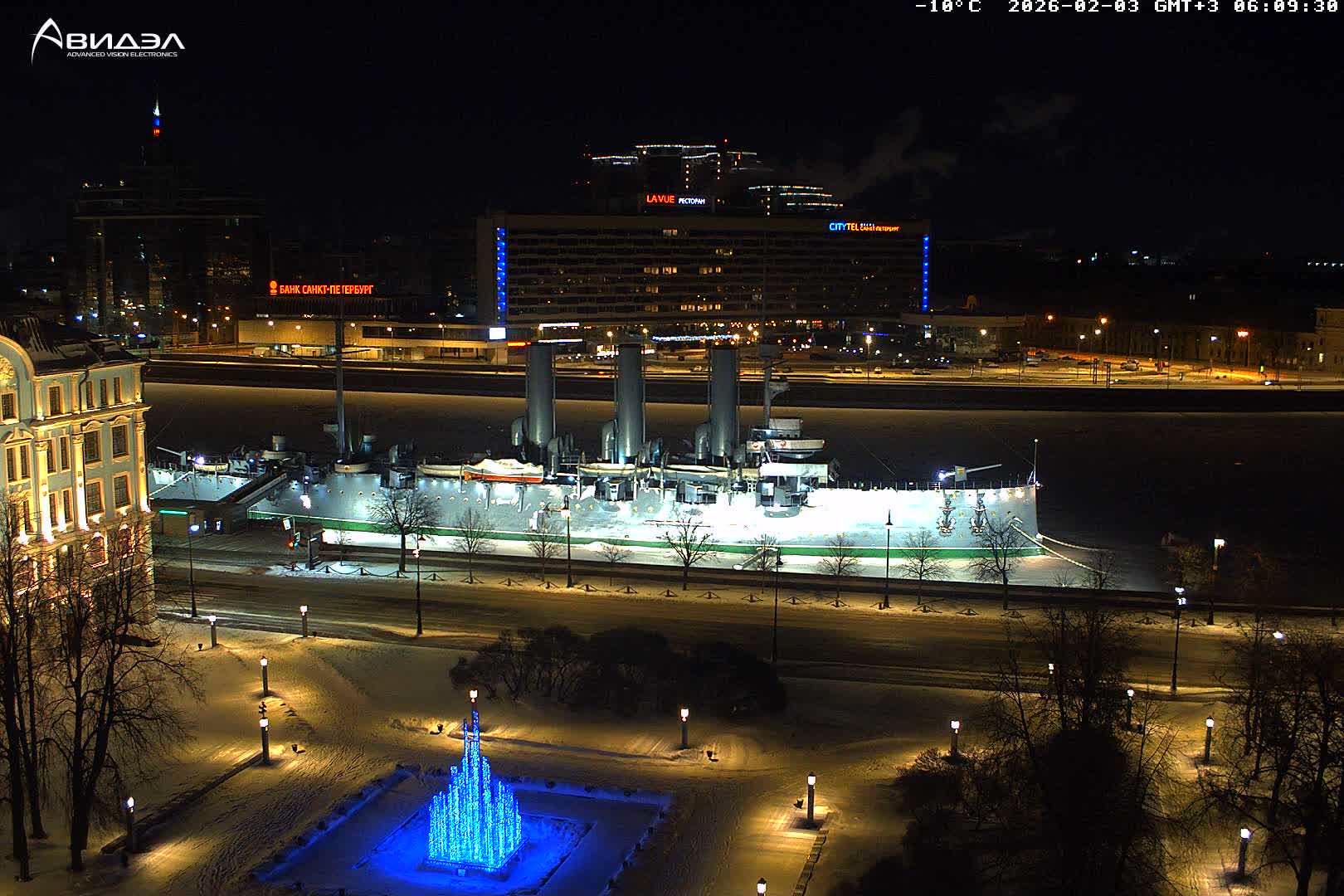 Museum of Russian Historic Cruiser Ship/Aurora Concert Hall & East St. Petersburg Skyline Live Cam - Posadsky, Petrogradsky, Saint Petersburg, Northwestern (Severo-Zapadnyy), Russia