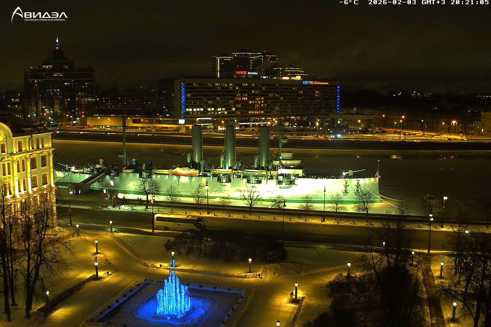 Museum of Russian Historic Cruiser Ship/Aurora Concert Hall & East St. Petersburg Skyline Live Cam - Posadsky, Petrogradsky, Saint Petersburg, Northwestern (Severo-Zapadnyy), Russia