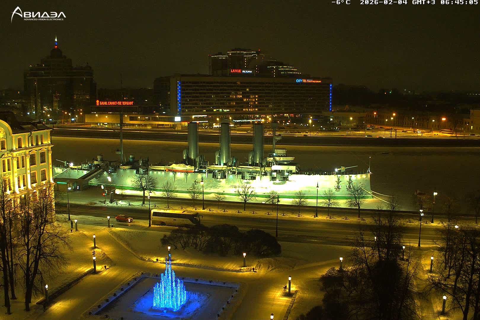 Museum of Russian Historic Cruiser Ship/Aurora Concert Hall & East St. Petersburg Skyline Live Cam - Posadsky, Petrogradsky, Saint Petersburg, Northwestern (Severo-Zapadnyy), Russia