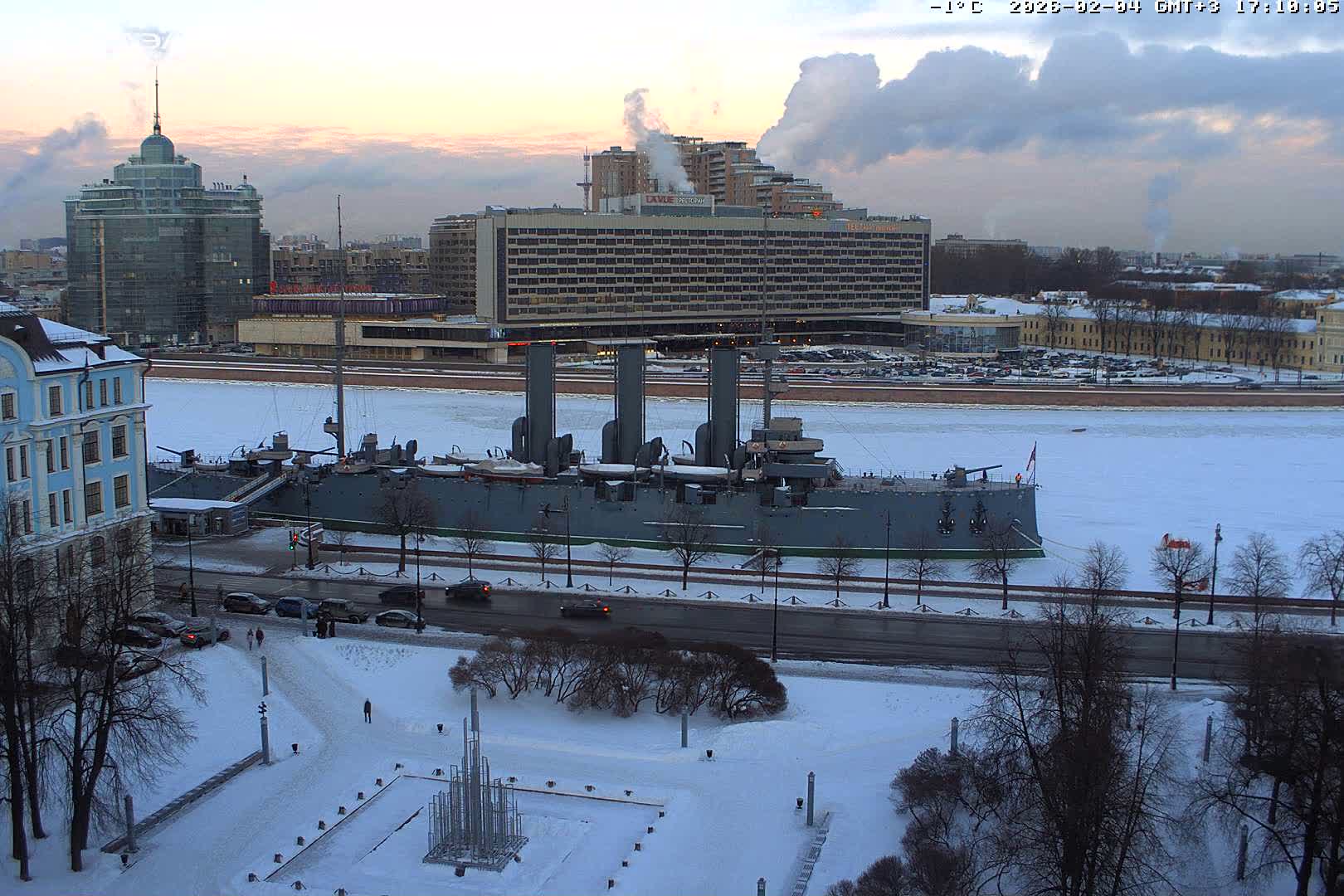 Museum of Russian Historic Cruiser Ship/Aurora Concert Hall & East St. Petersburg Skyline Live Cam - Posadsky, Petrogradsky, Saint Petersburg, Northwestern (Severo-Zapadnyy), Russia