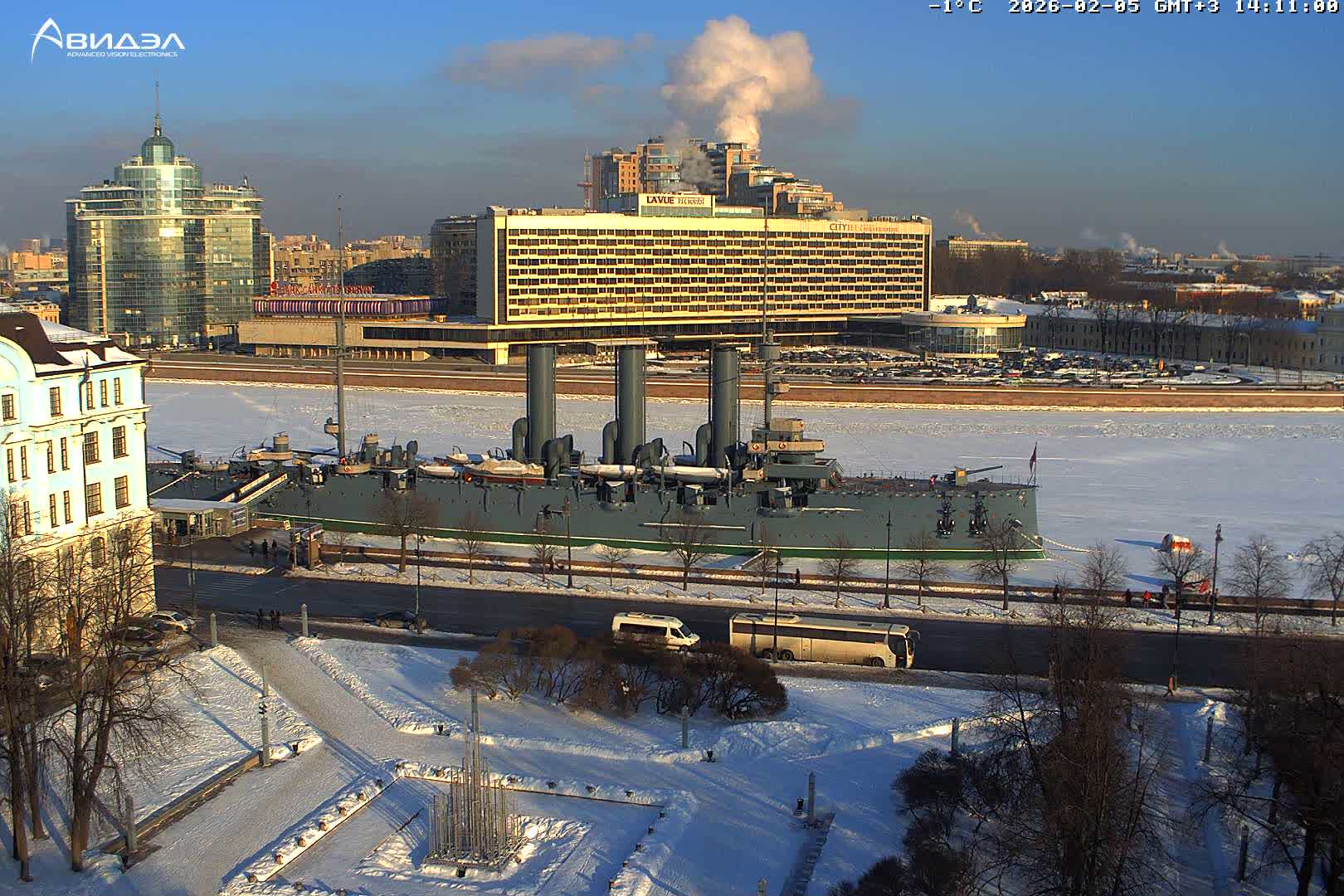 Museum of Russian Historic Cruiser Ship/Aurora Concert Hall & East St. Petersburg Skyline Live Cam - Posadsky, Petrogradsky, Saint Petersburg, Northwestern (Severo-Zapadnyy), Russia