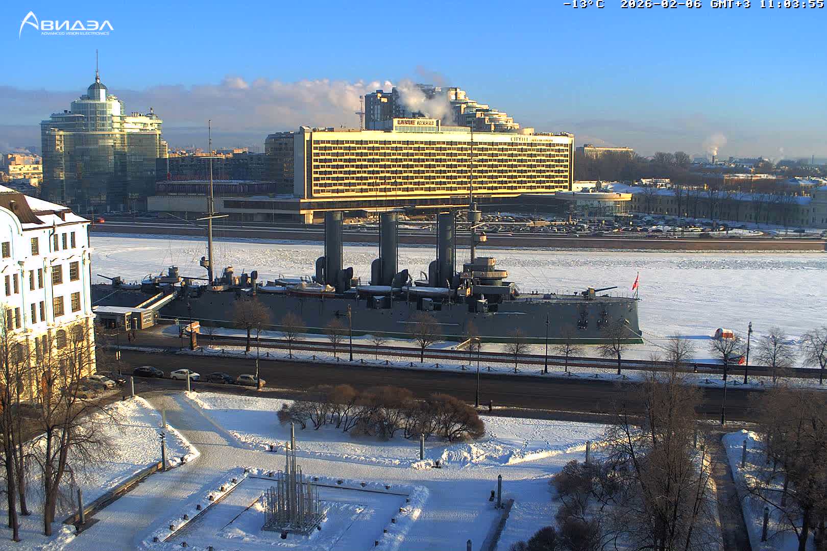 Museum of Russian Historic Cruiser Ship/Aurora Concert Hall & East St. Petersburg Skyline Live Cam - Posadsky, Petrogradsky, Saint Petersburg, Northwestern (Severo-Zapadnyy), Russia