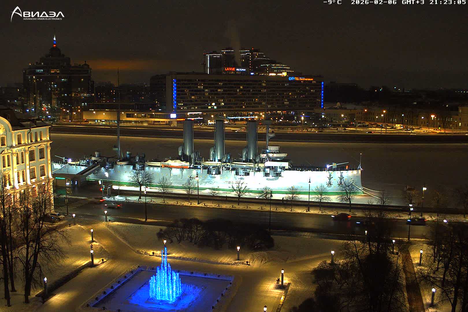 Museum of Russian Historic Cruiser Ship/Aurora Concert Hall & East St. Petersburg Skyline Live Cam - Posadsky, Petrogradsky, Saint Petersburg, Northwestern (Severo-Zapadnyy), Russia
