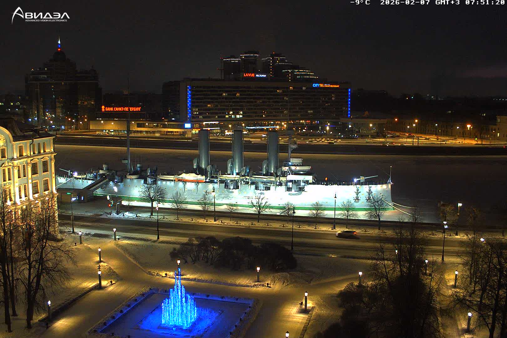 Museum of Russian Historic Cruiser Ship/Aurora Concert Hall & East St. Petersburg Skyline Live Cam - Posadsky, Petrogradsky, Saint Petersburg, Northwestern (Severo-Zapadnyy), Russia