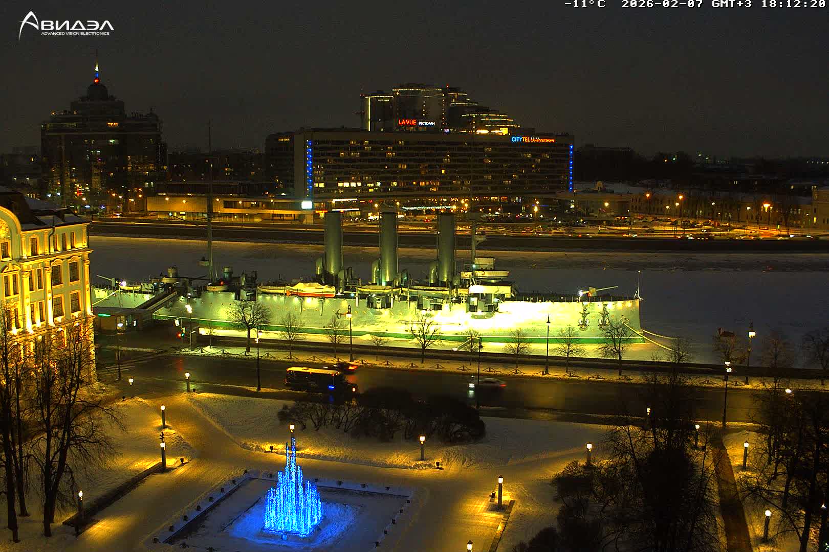 Museum of Russian Historic Cruiser Ship/Aurora Concert Hall & East St. Petersburg Skyline Live Cam - Posadsky, Petrogradsky, Saint Petersburg, Northwestern (Severo-Zapadnyy), Russia