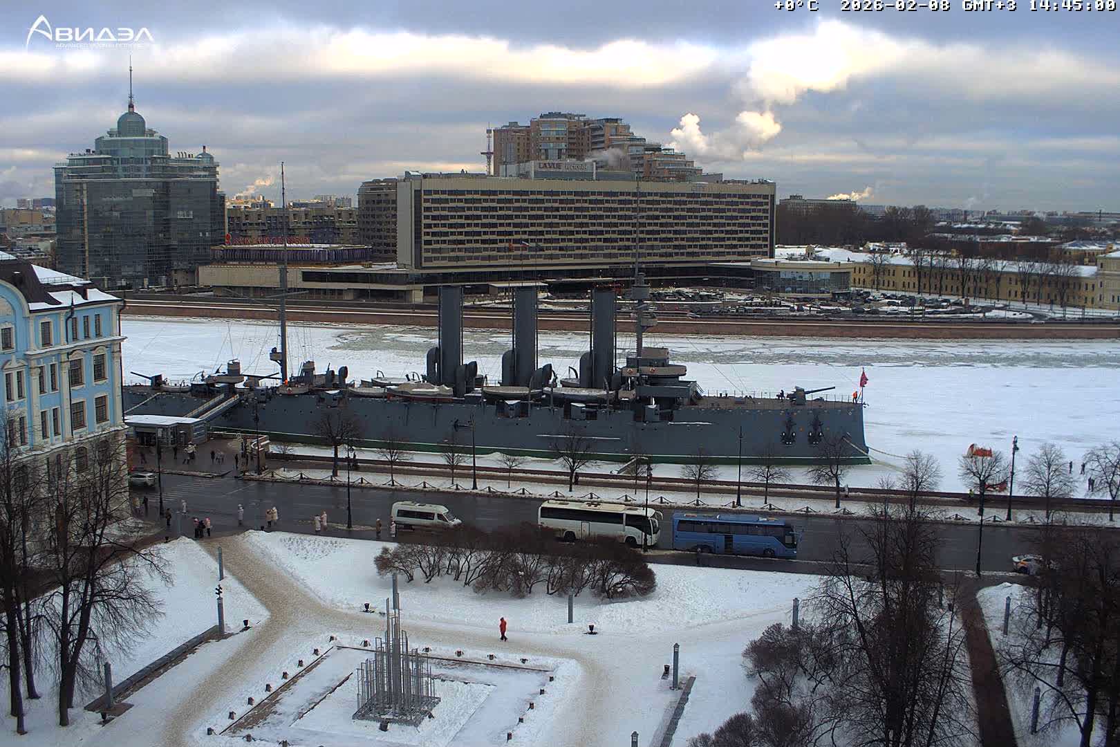 Museum of Russian Historic Cruiser Ship/Aurora Concert Hall & East St. Petersburg Skyline Live Cam - Posadsky, Petrogradsky, Saint Petersburg, Northwestern (Severo-Zapadnyy), Russia
