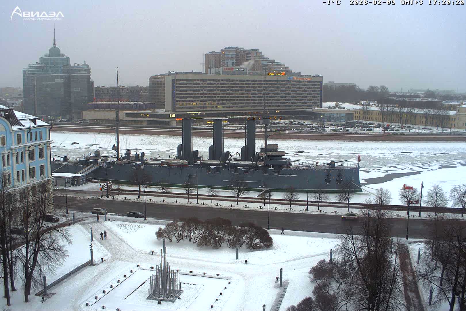 Museum of Russian Historic Cruiser Ship/Aurora Concert Hall & East St. Petersburg Skyline Live Cam - Posadsky, Petrogradsky, Saint Petersburg, Northwestern (Severo-Zapadnyy), Russia