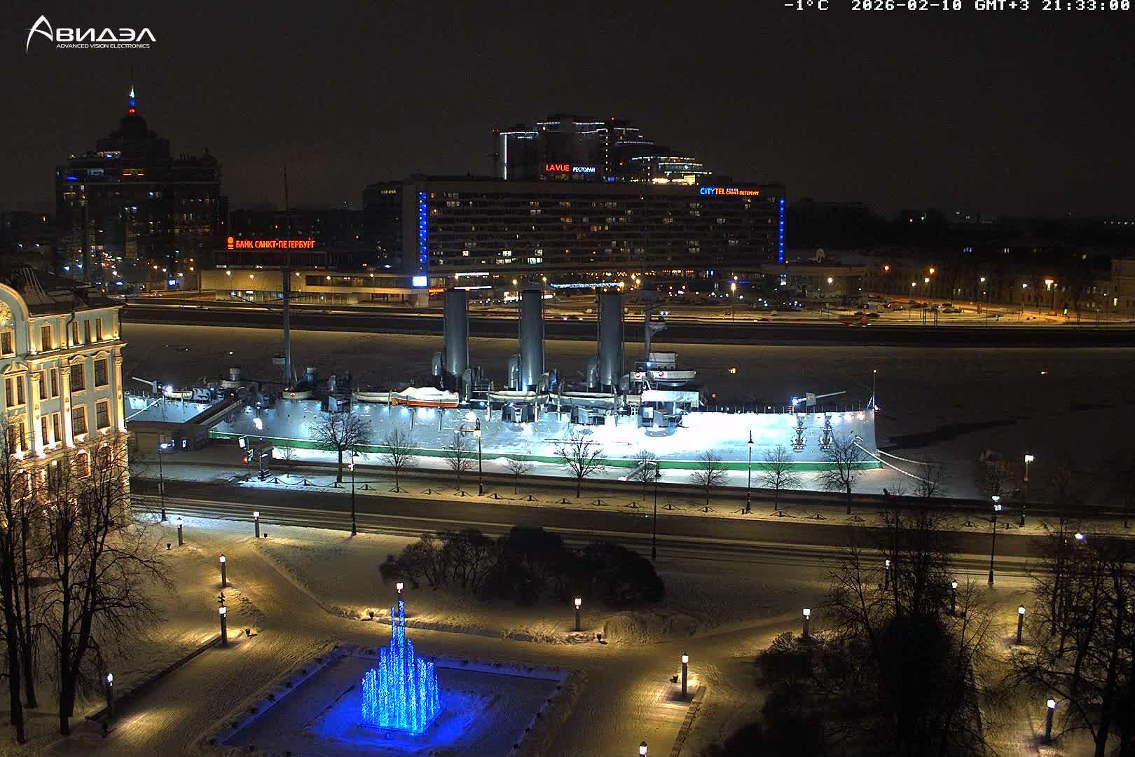 Museum of Russian Historic Cruiser Ship/Aurora Concert Hall & East St. Petersburg Skyline Live Cam - Posadsky, Petrogradsky, Saint Petersburg, Northwestern (Severo-Zapadnyy), Russia
