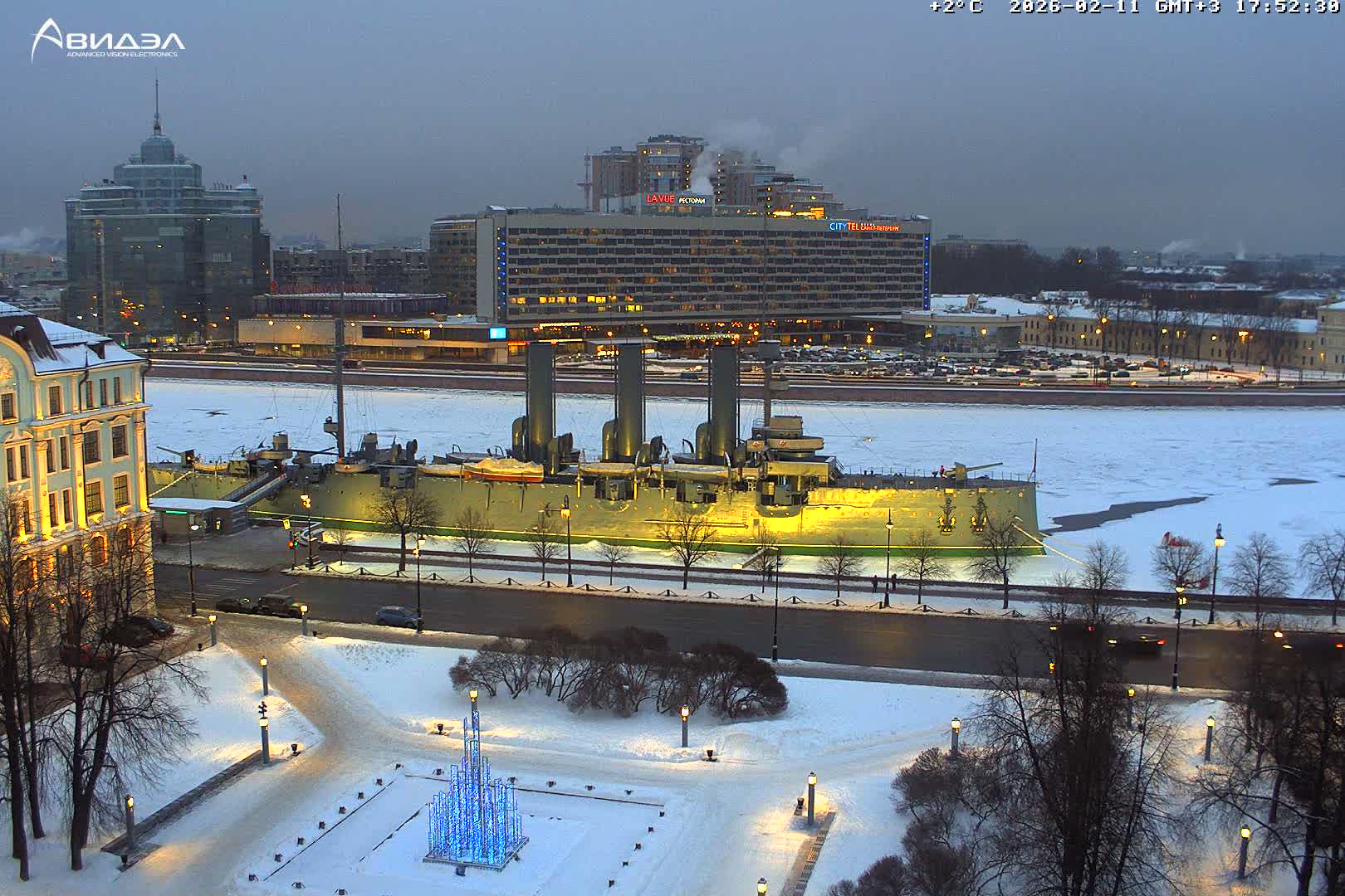 Museum of Russian Historic Cruiser Ship/Aurora Concert Hall & East St. Petersburg Skyline Live Cam - Posadsky, Petrogradsky, Saint Petersburg, Northwestern (Severo-Zapadnyy), Russia